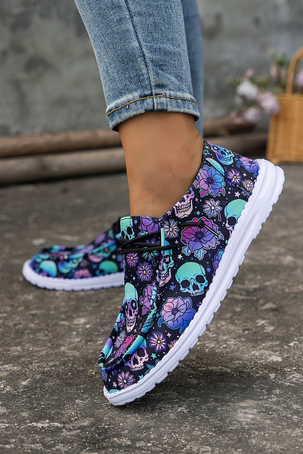 Dark Blue Sugar Skull Print Lace-up Detail Halloween Flat Shoes - loveforevers