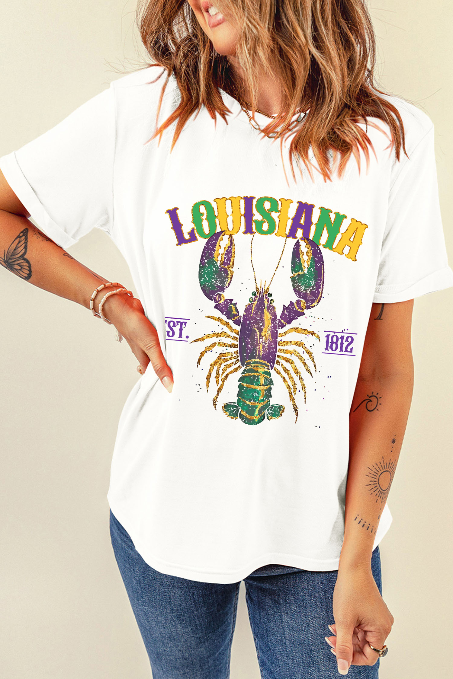 White LOUISIANA Mardi Gras Crayfish Printed Casual T Shirt - loveforevers
