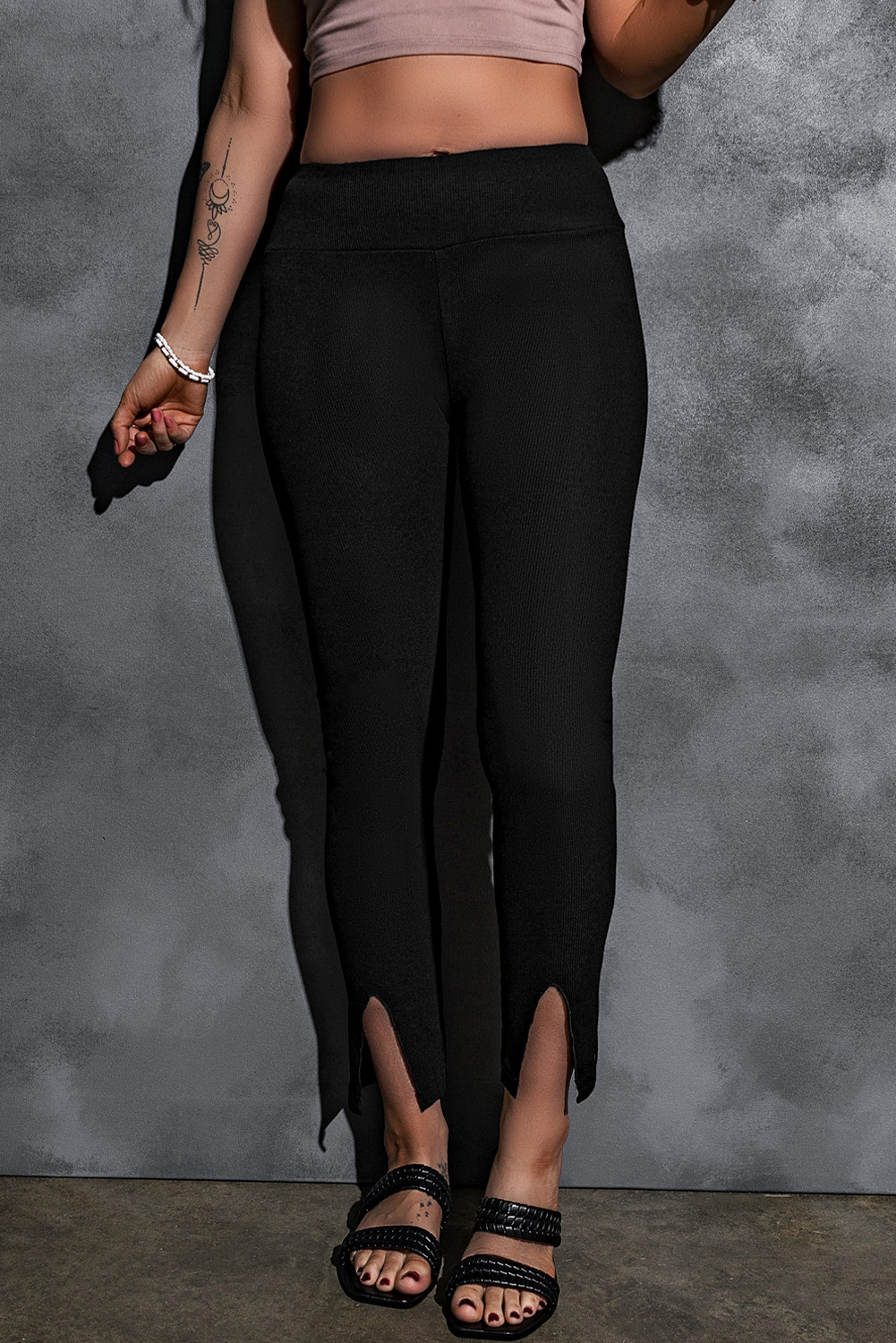 Black Rib Knit High Waist Slit Leggings - loveforevers
