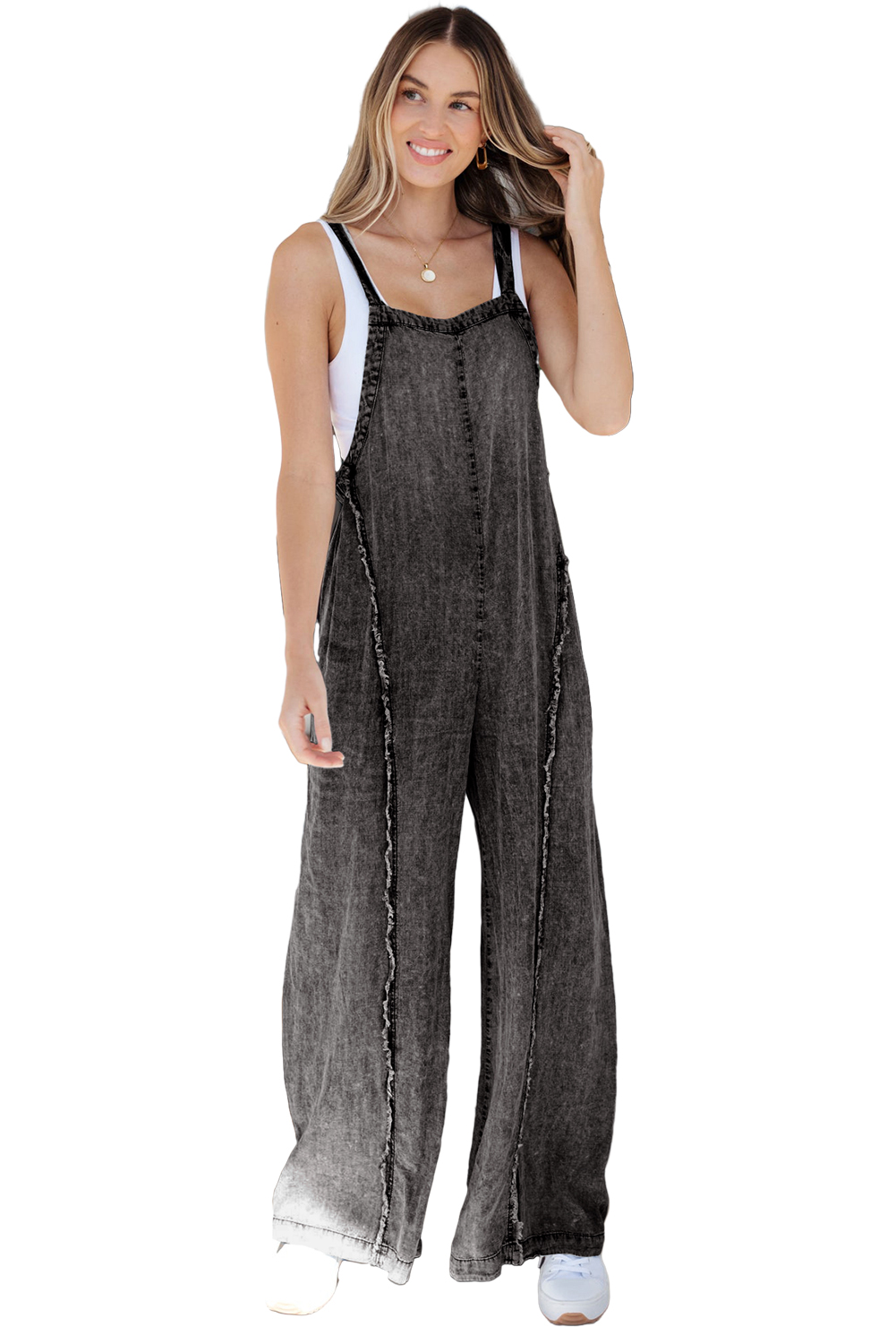 Beau Blue Light Wash Frayed Exposed Seam Wide Leg Denim Overall - loveforevers