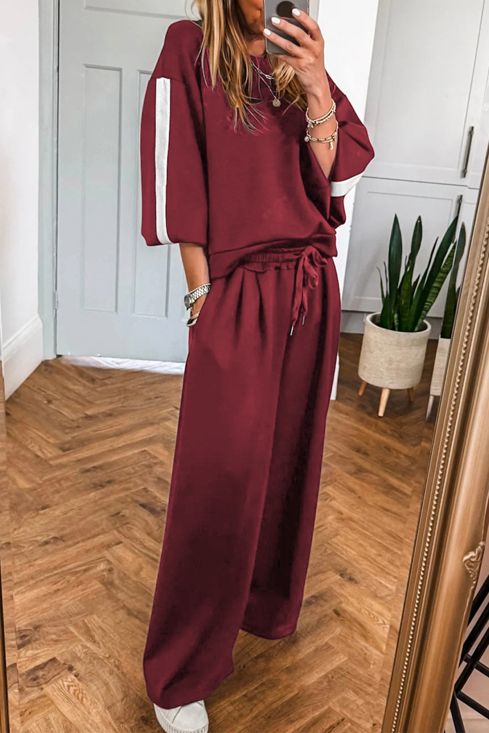 Burgundy Varsity Striped 3/4 Sleeve Pullover Drawstring Sweatpants Set - loveforevers
