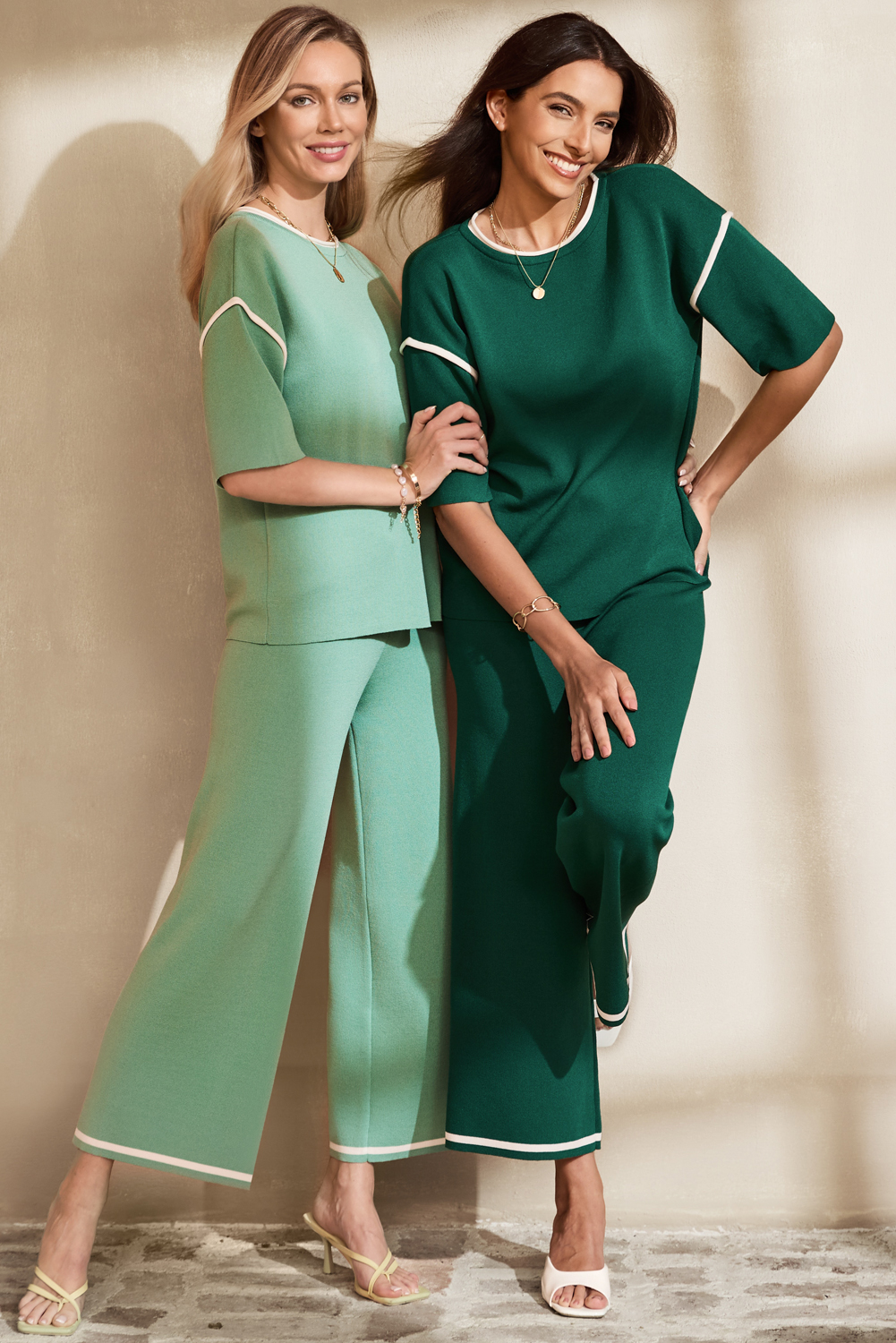 Blackish Green Contrast Trim Half Sleeve Top Drawstring Pants Loose 2pcs Sweater Suit - loveforevers