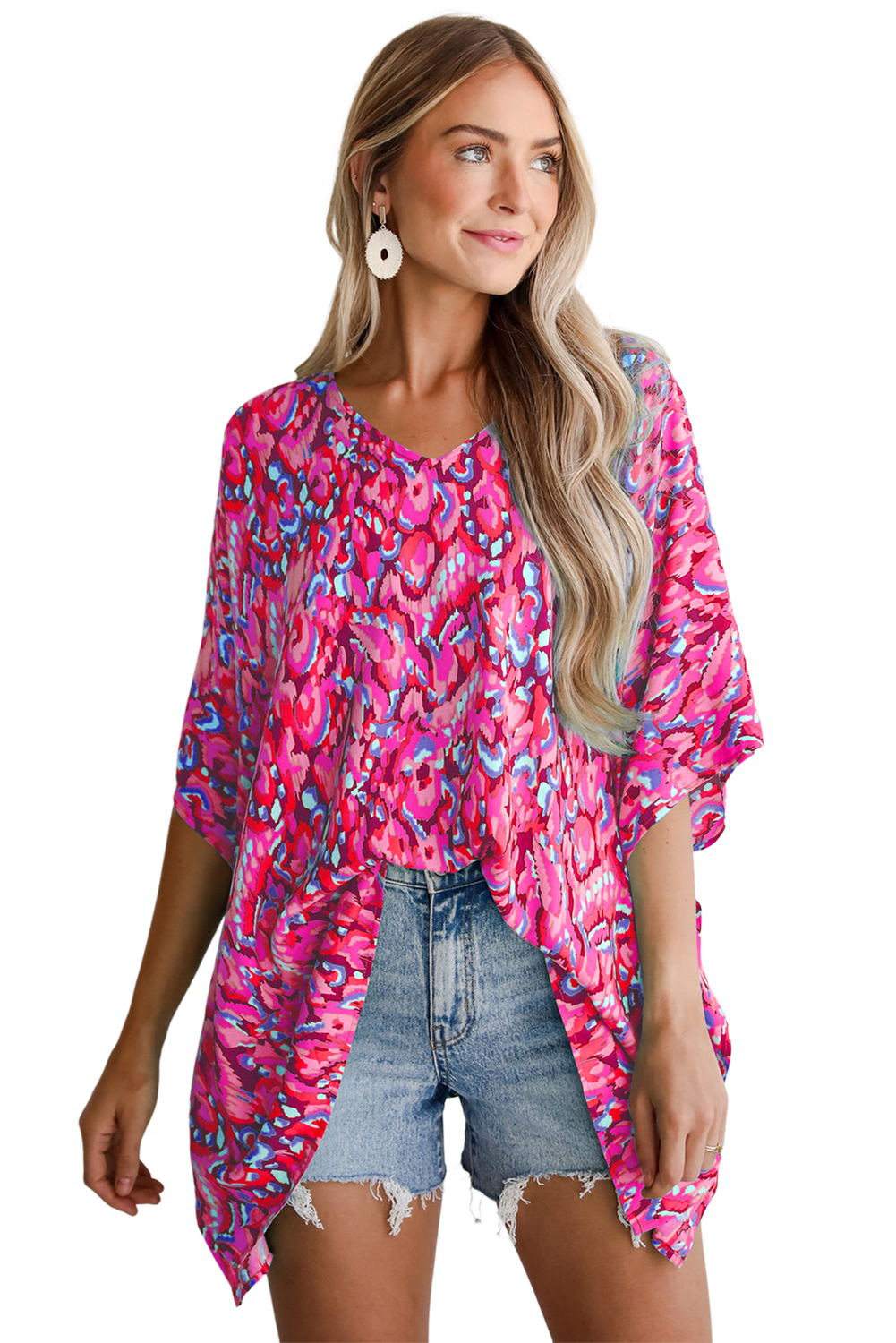 Pink Abstract Print V Neck Half Sleeve Loose Fit Tunic Blouse - loveforevers