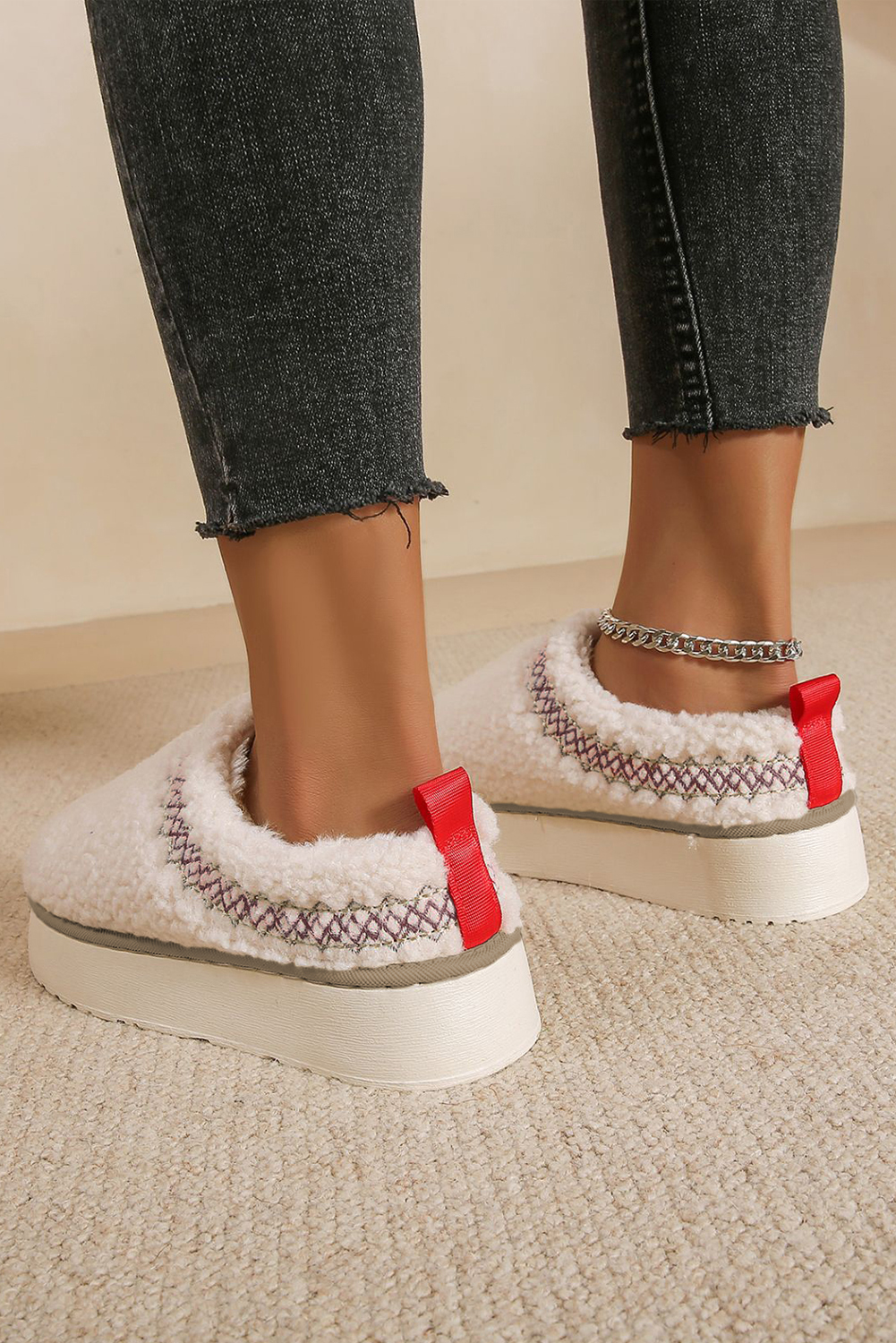 Oatmeal Embroidered Sherpa Plush Thick Sole Snow Boots - loveforevers