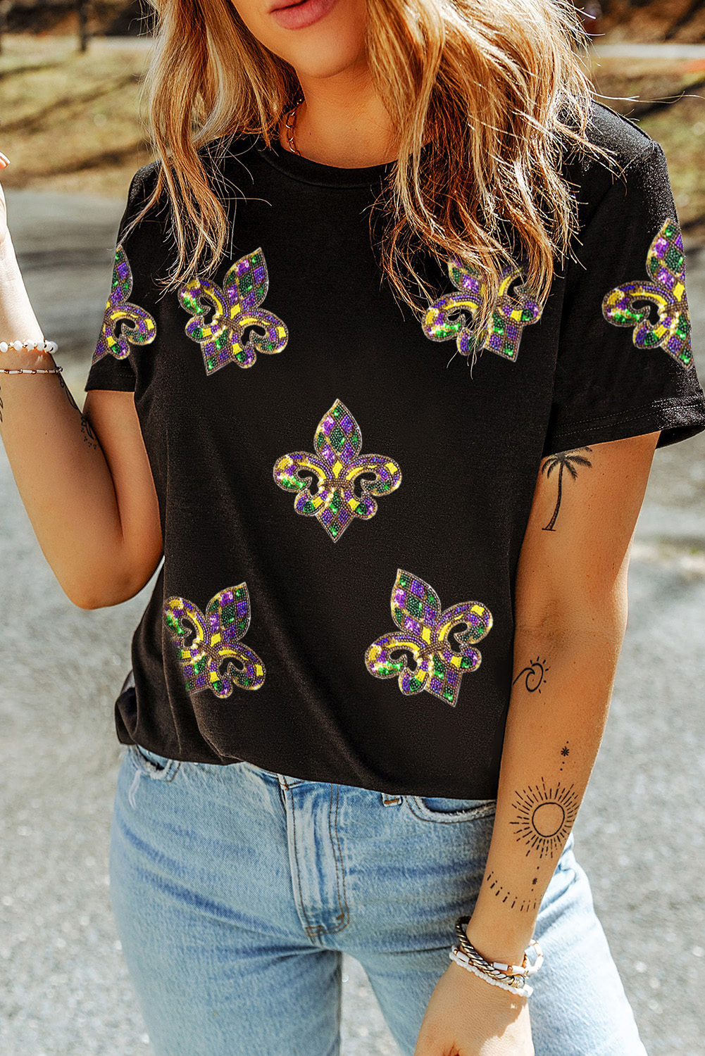 White Maid Gras Sequin Fleur de Lis Graphic T Shirt - loveforevers