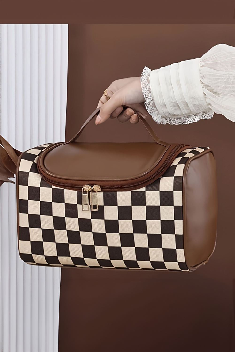 Black Checkered PU Leather Zipper Makeup Bag - loveforevers