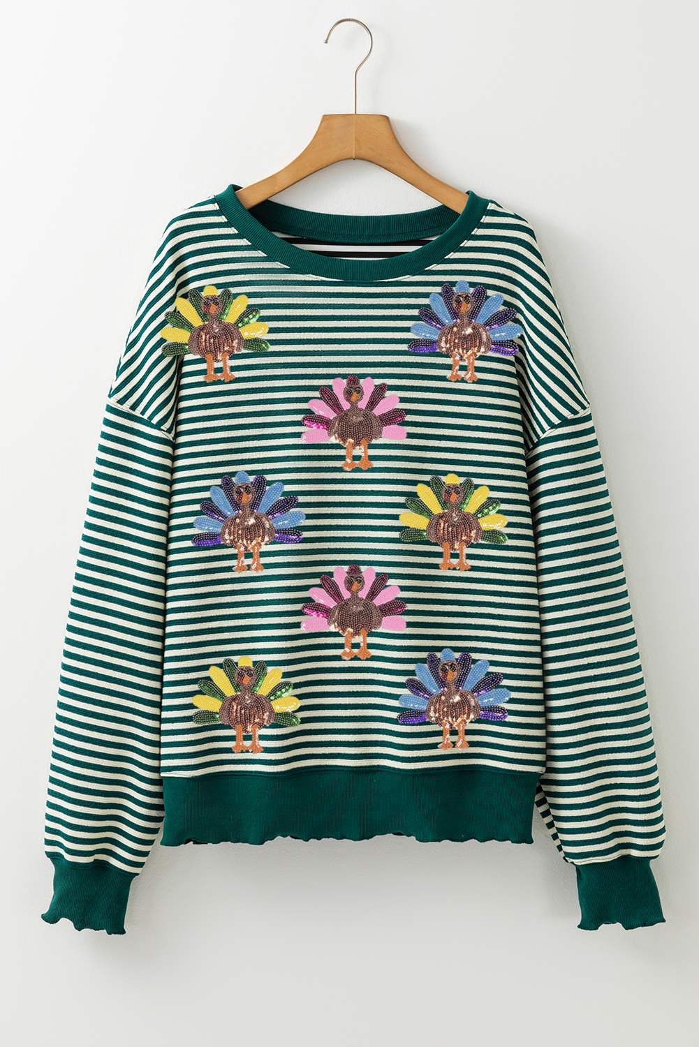 Green Stripe Turkey Pattern Drop Shoulder Pullover Top - loveforevers