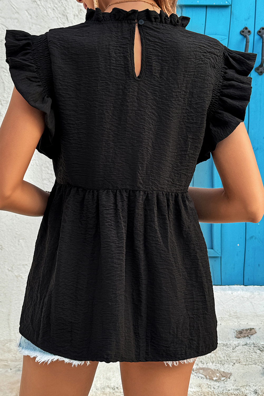 Black Ruffled Textured Summer Blouse - loveforevers