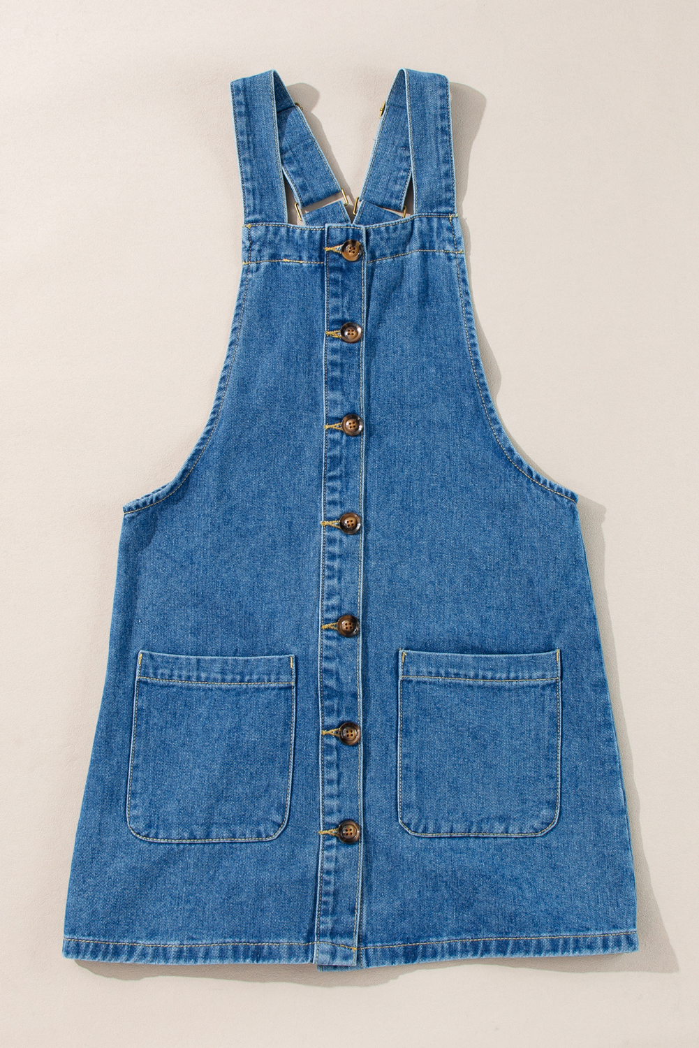Dusk Blue Wide Strap Button Front Pocketed Denim Mini Dress - loveforevers