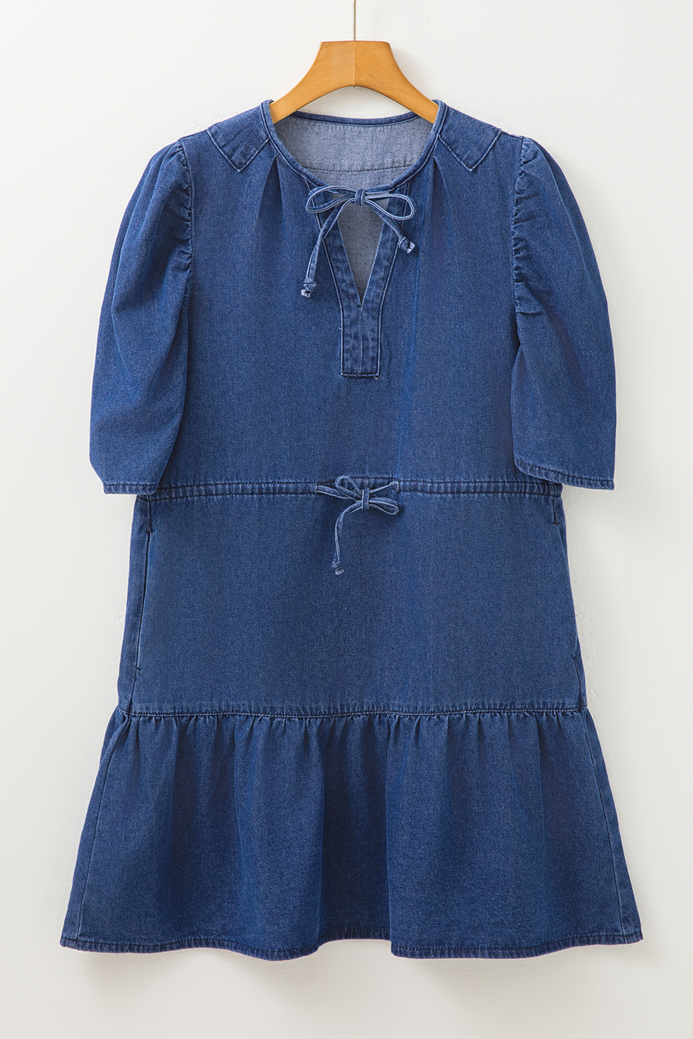 Blue Drawstring High Waist Puff Sleeve Denim Mini Dress - loveforevers