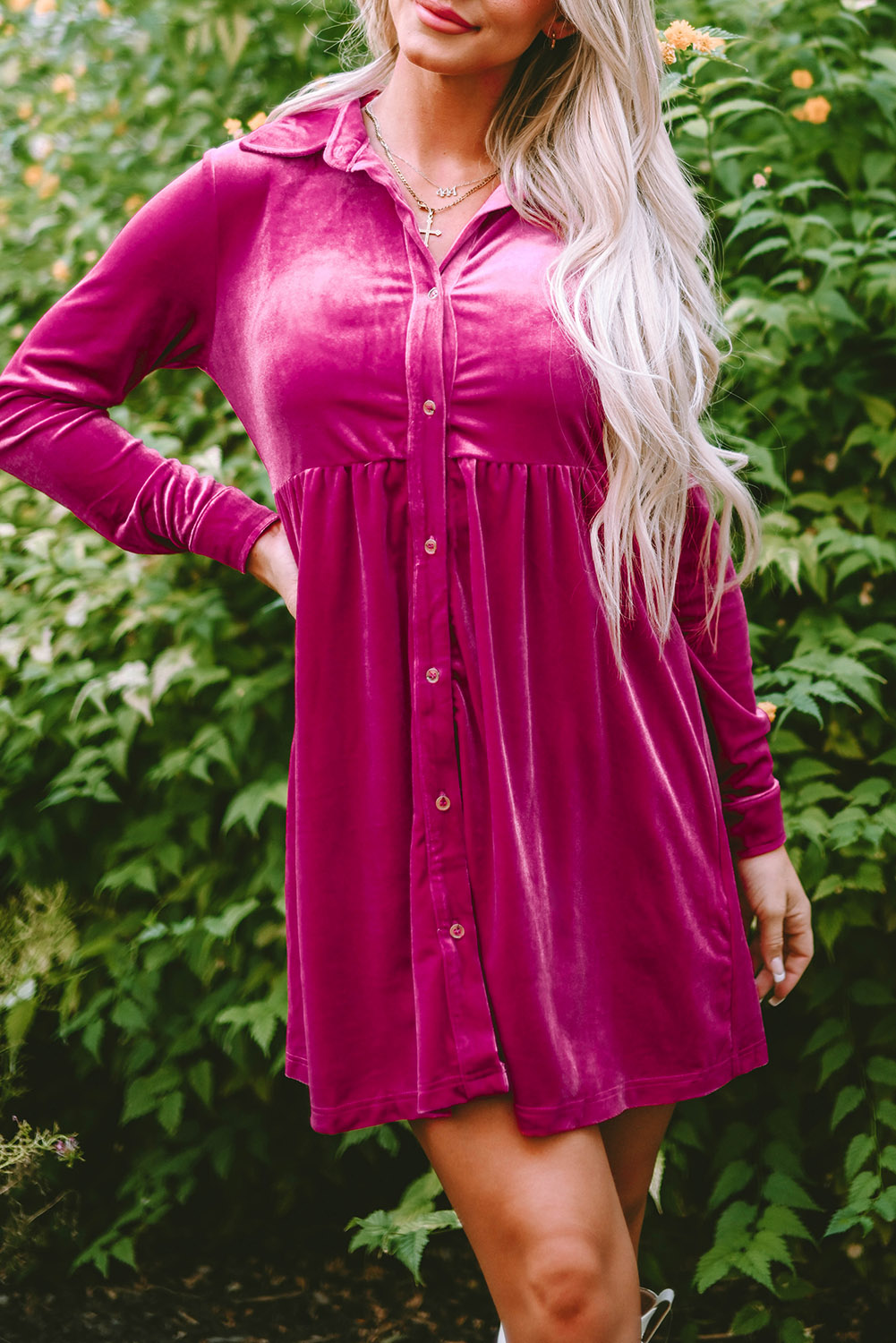 Fiery Red Long Sleeve Ruffle Velvet Button Up Dress - loveforevers