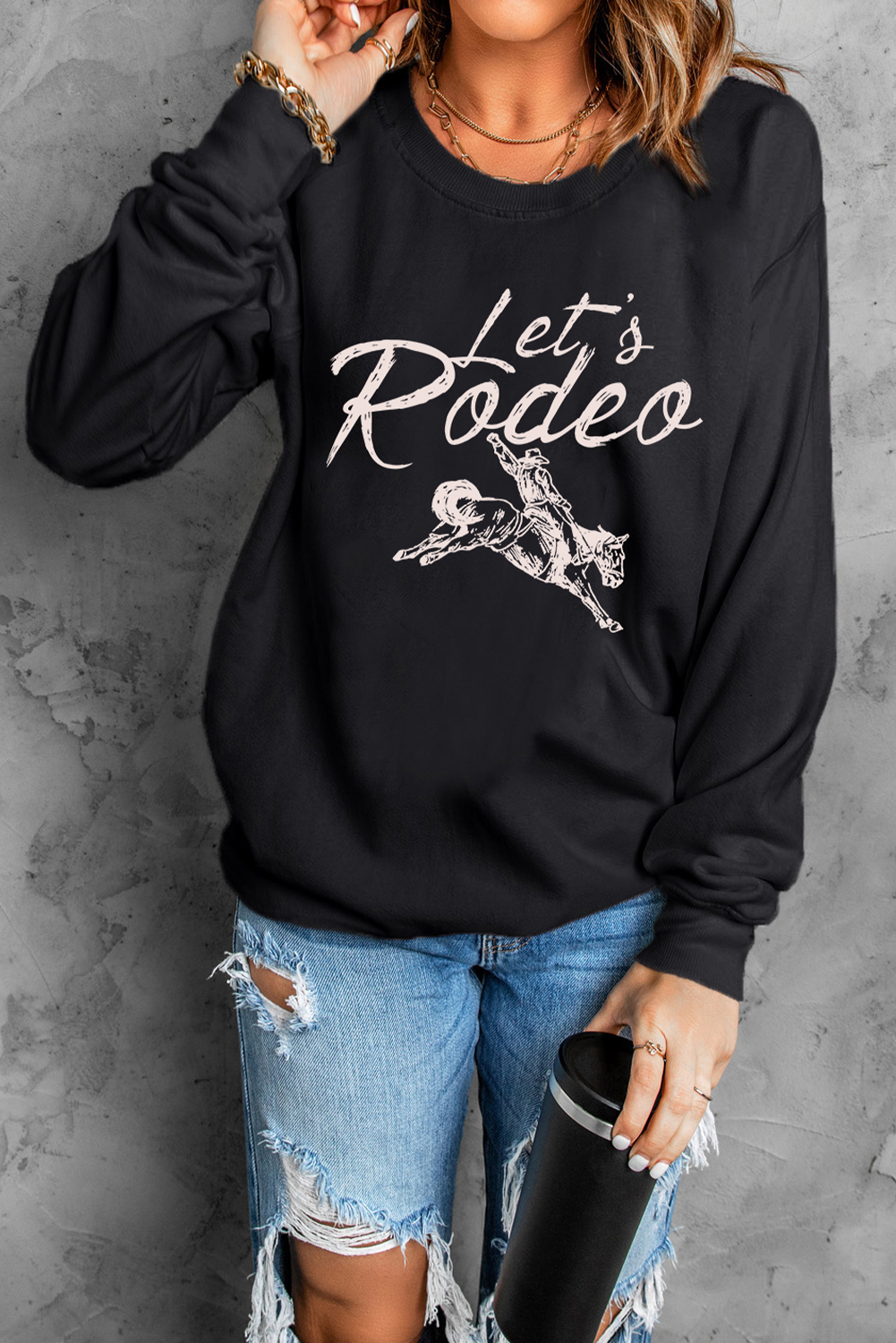 Black Lets Rodeo Western Print Pullover Sweatshirt - loveforevers