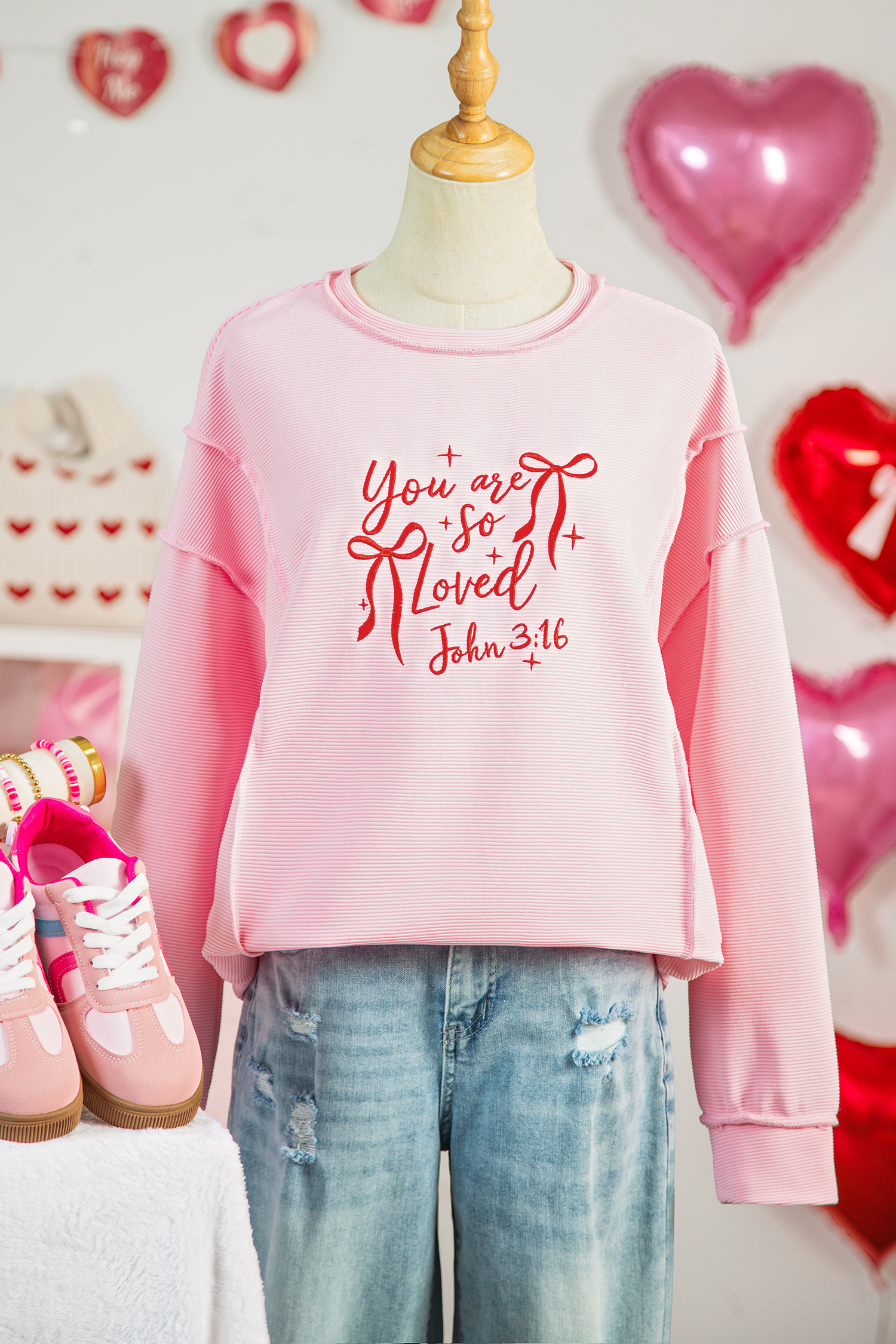 Pink you are so loved Valentines Day Bow Embroidered Graphic Pullover Top - loveforevers