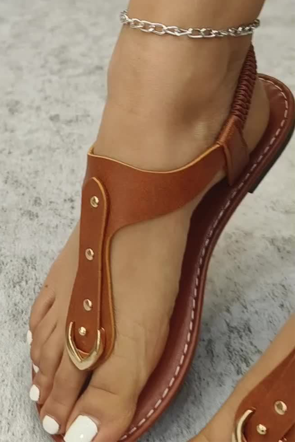 Chestnut Faux Leather Hollow Out Clip Toe Flat Sandals - loveforevers