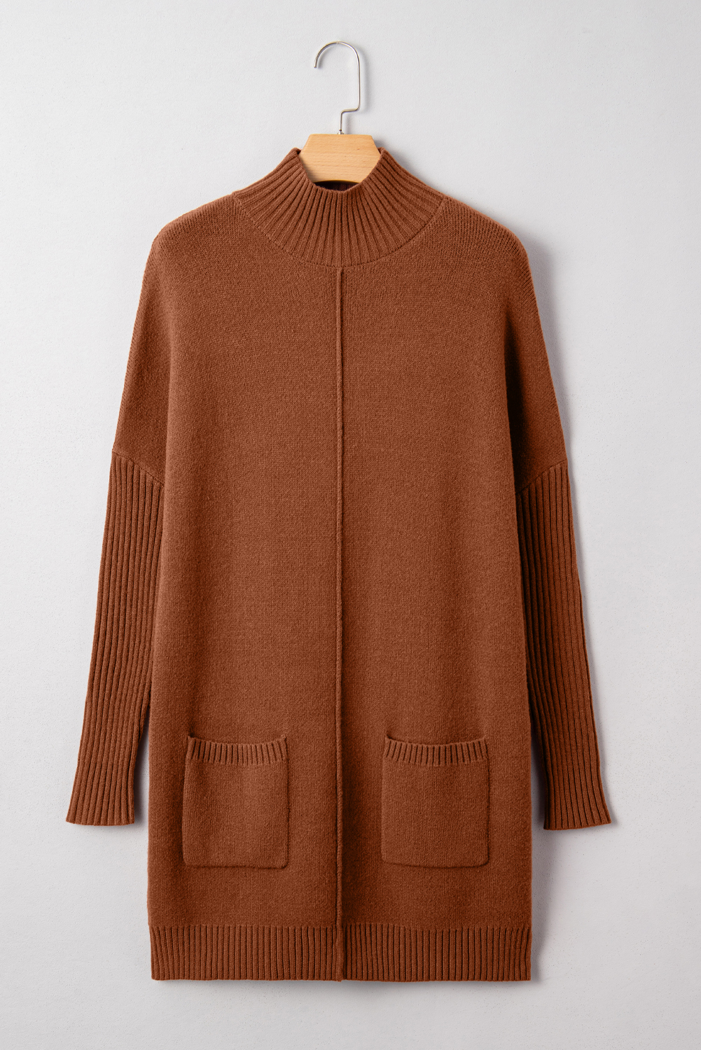 Fiery Red Ribbed High Neck Front Pockets Center Seam Shift Sweater Dress - loveforevers