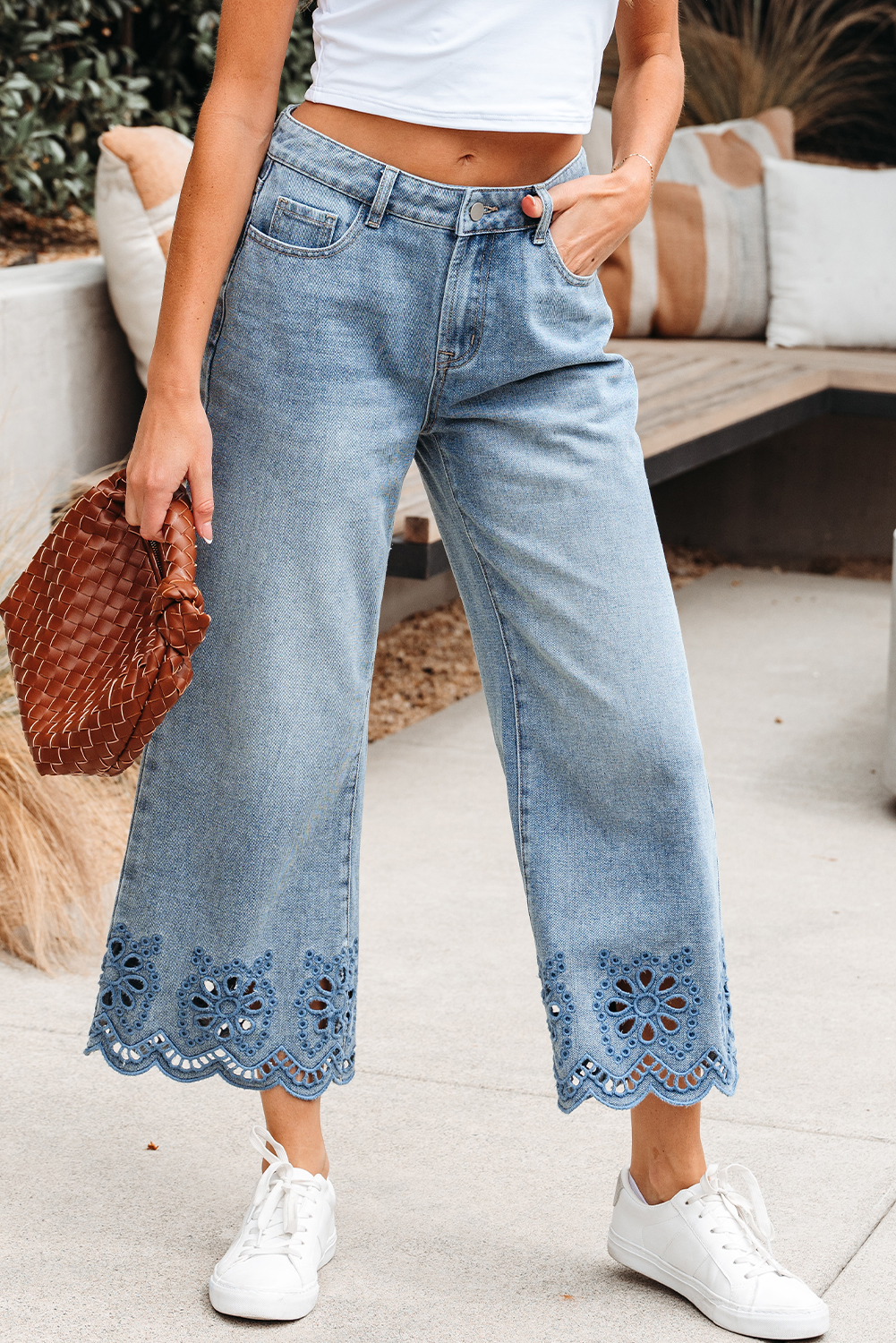 Dusk Blue Embroidered Cropped Wide Leg High Waist Jeans - loveforevers