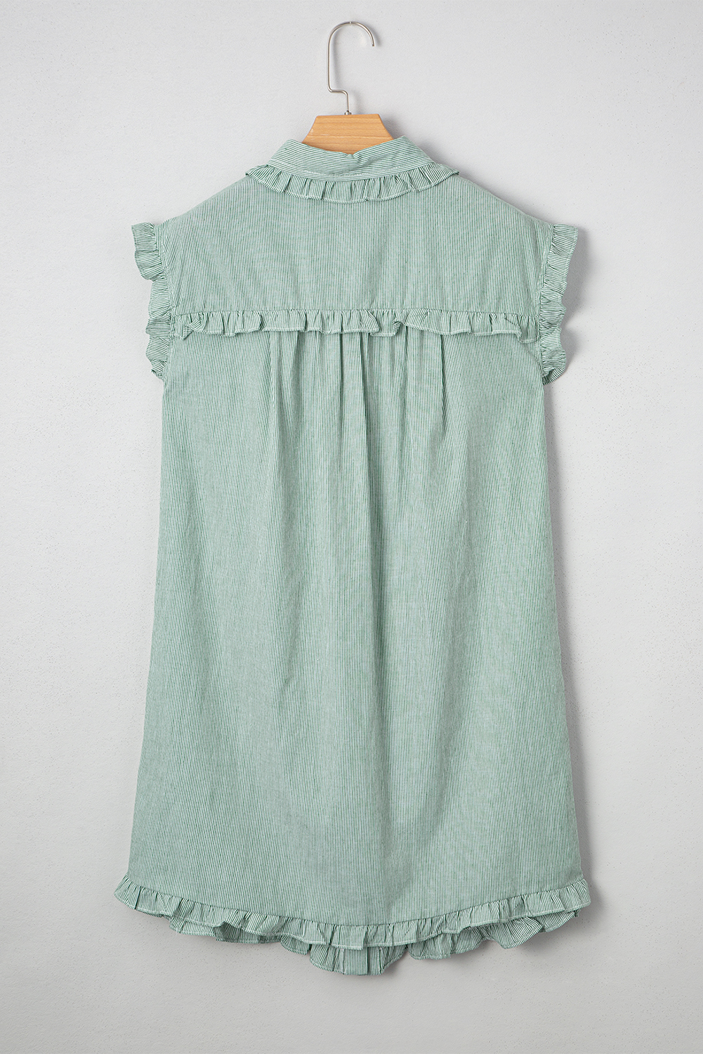 Green Stripe Frilled Sleeveless Collar Front Pocket Button Up Mini Dress - loveforevers