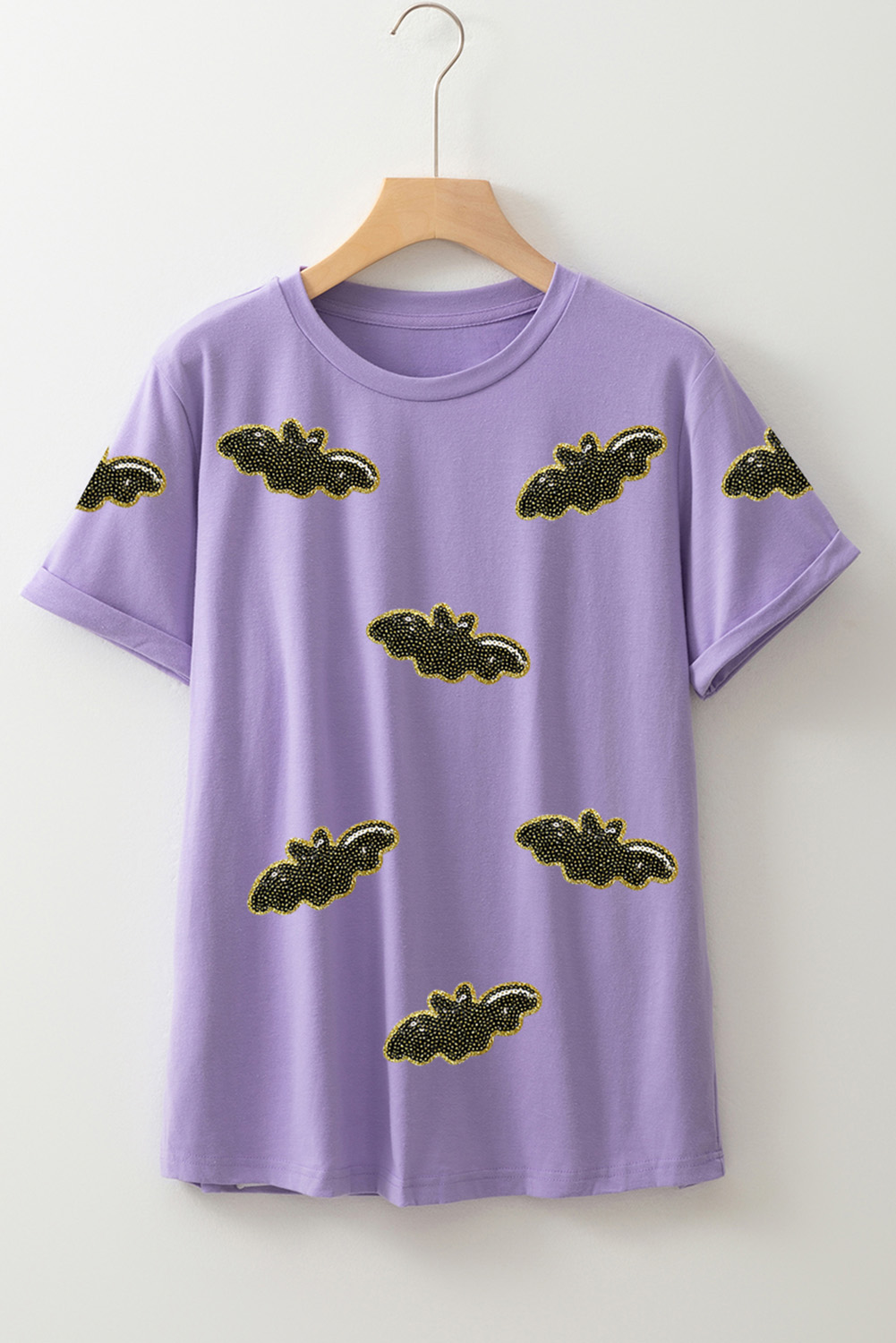 Wisteria Sequin Halloween Bat Patched Casual T Shirt - loveforevers