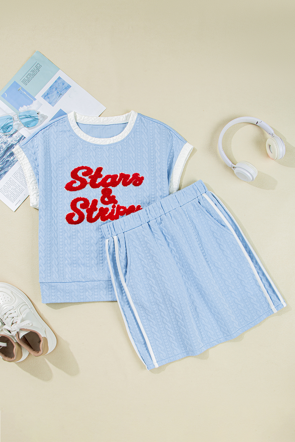 Beau Blue Stars & Stripes Graphic Textured Contrast Trim Casual Skirt Set - loveforevers