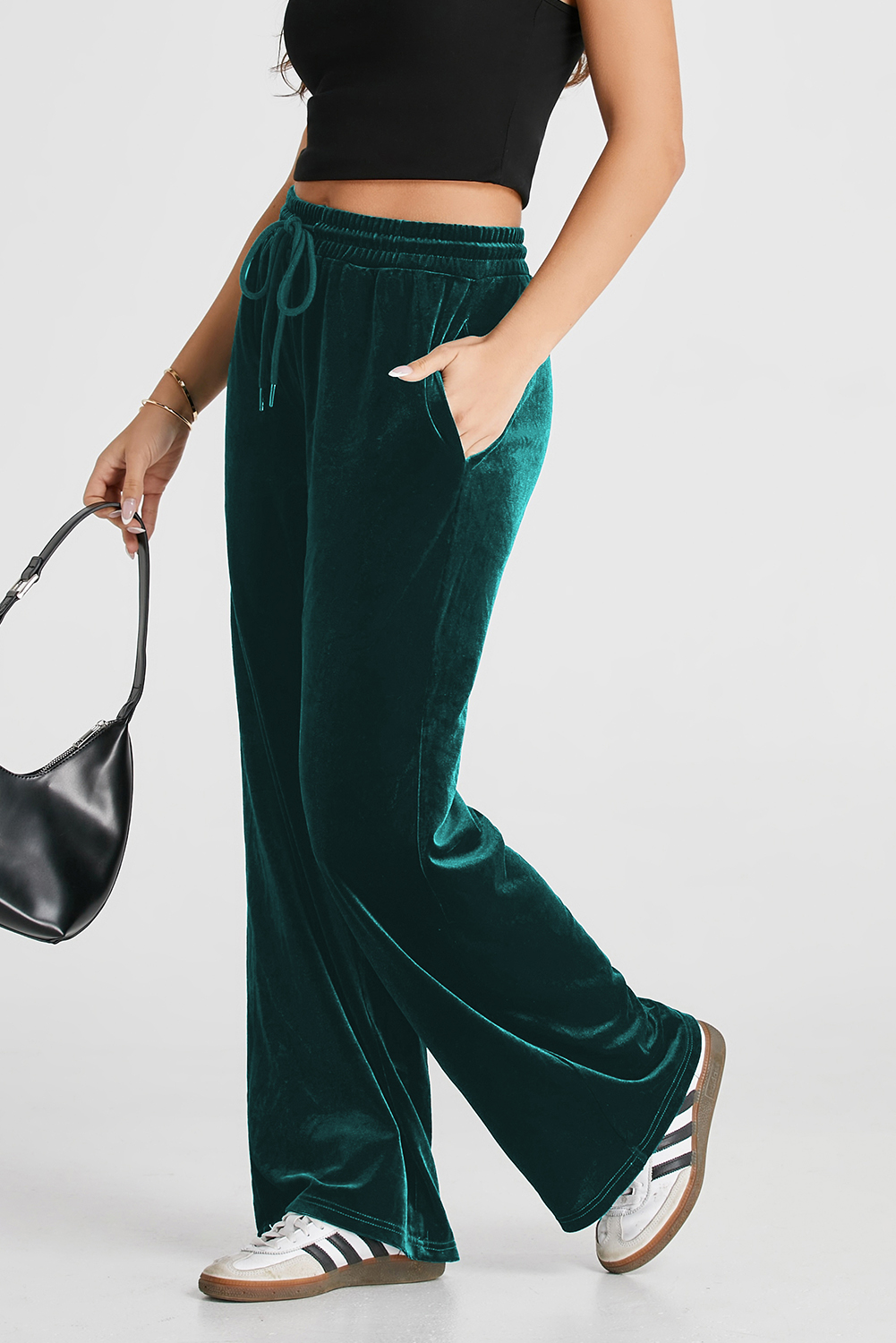 Evergreen Solid Drawstring Waist Wide Leg Pants - loveforevers