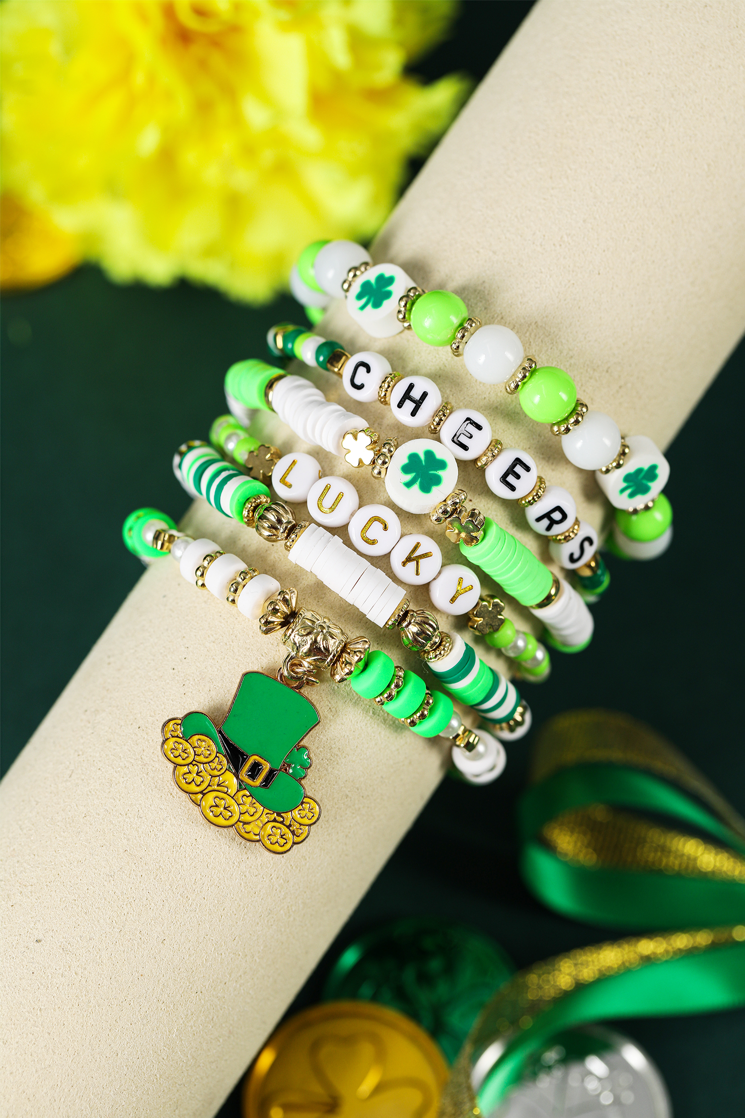 Green LUCKY CHEERS St Patricks Day Multilayered 6pcs Bracelet Set - loveforevers
