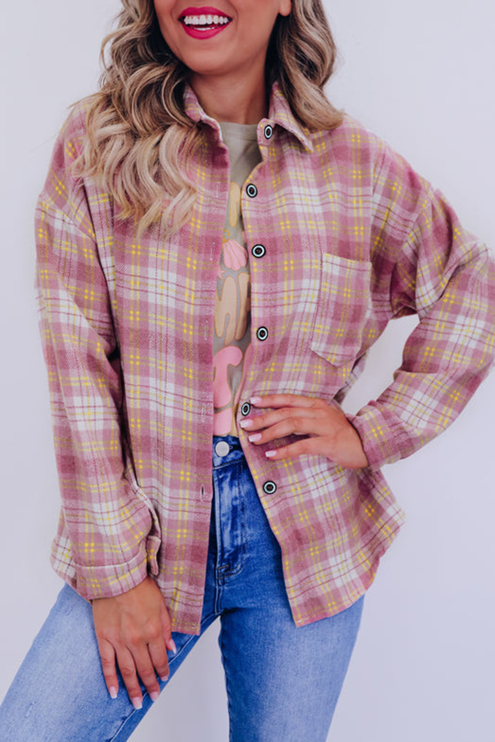 Pink Plaid Print Chest Pocket Long Sleeve Shacket - loveforevers