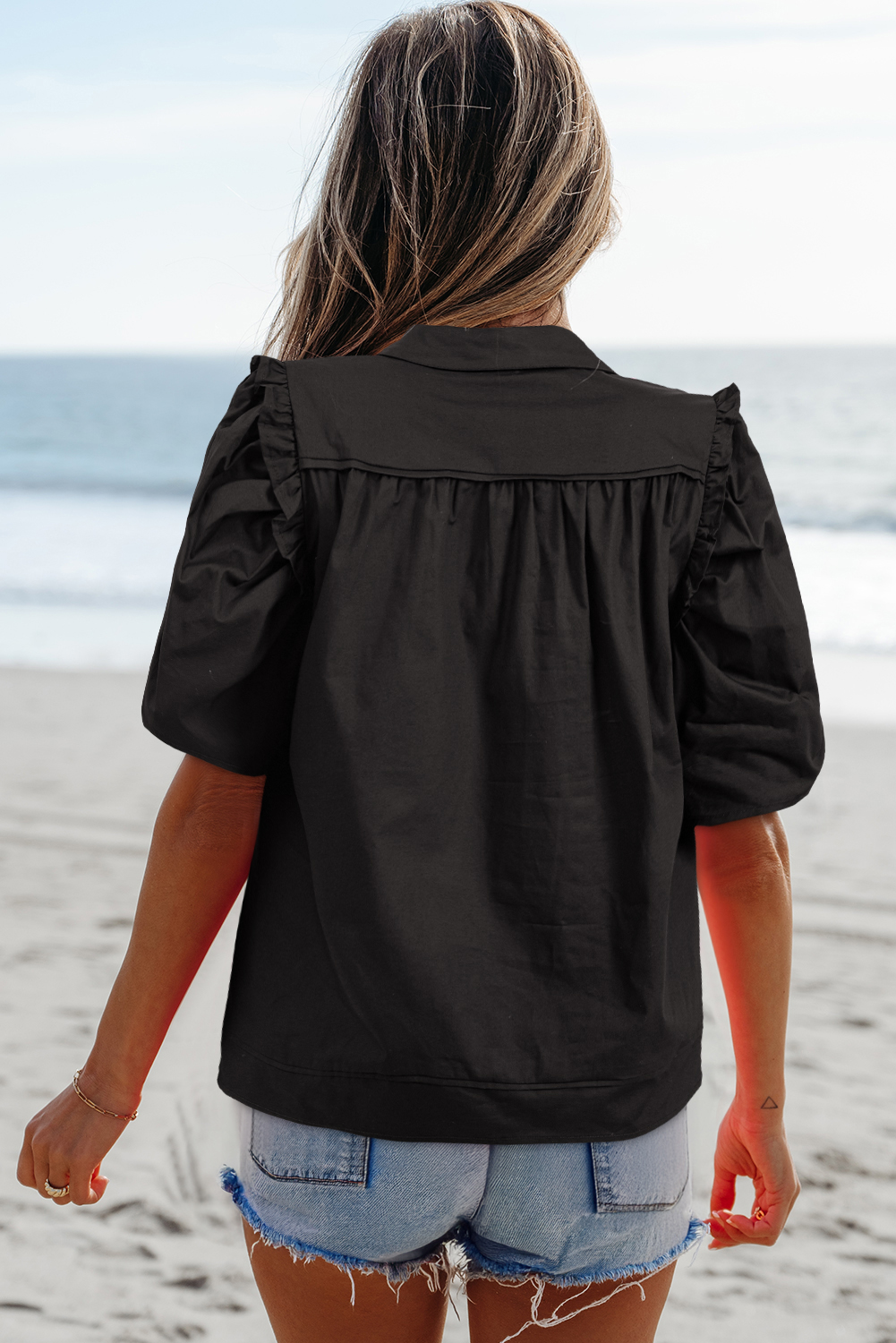 Black Frilly Puff Sleeve Stylish Collared Shirt - loveforevers