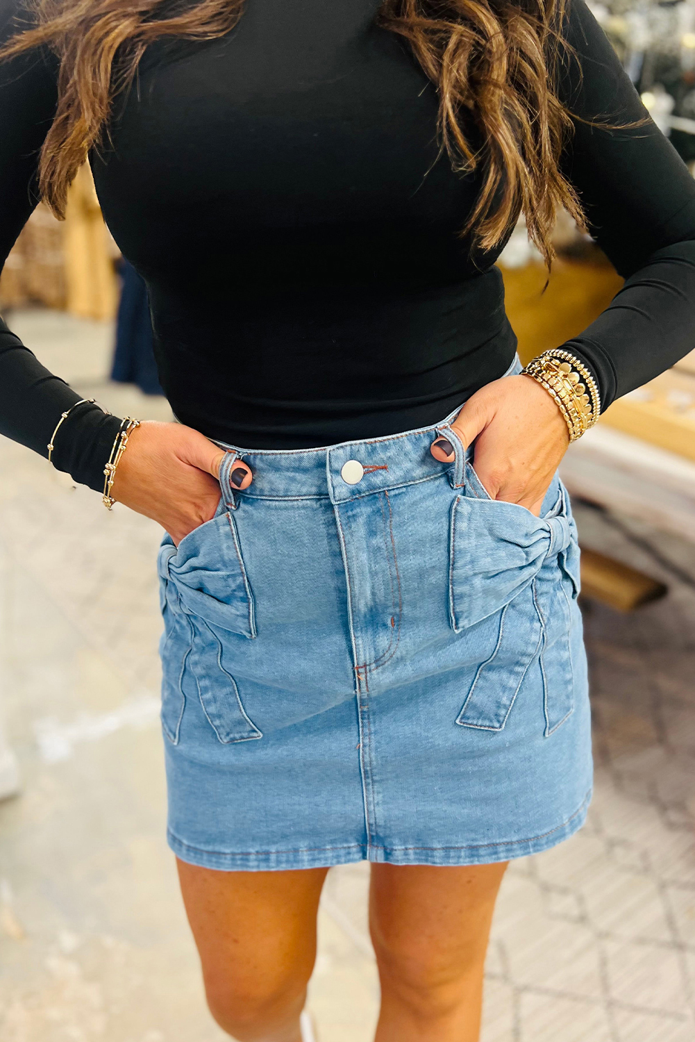 Dusk Blue Acid Wash Bowknot Details High Waist Denim Skirt - loveforevers
