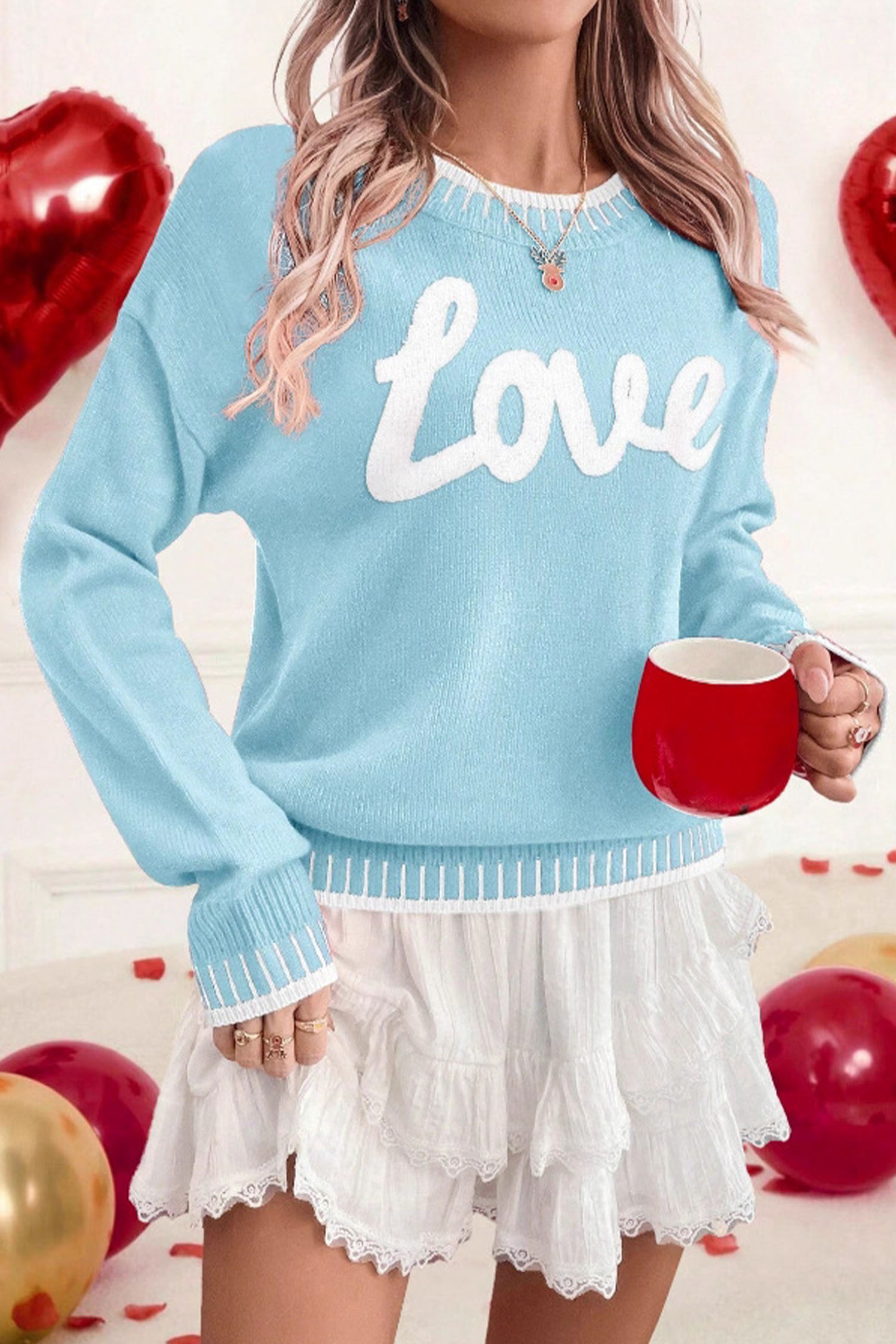 Light Blue Valentine Love Chenille Letter Graphic Sweater - loveforevers