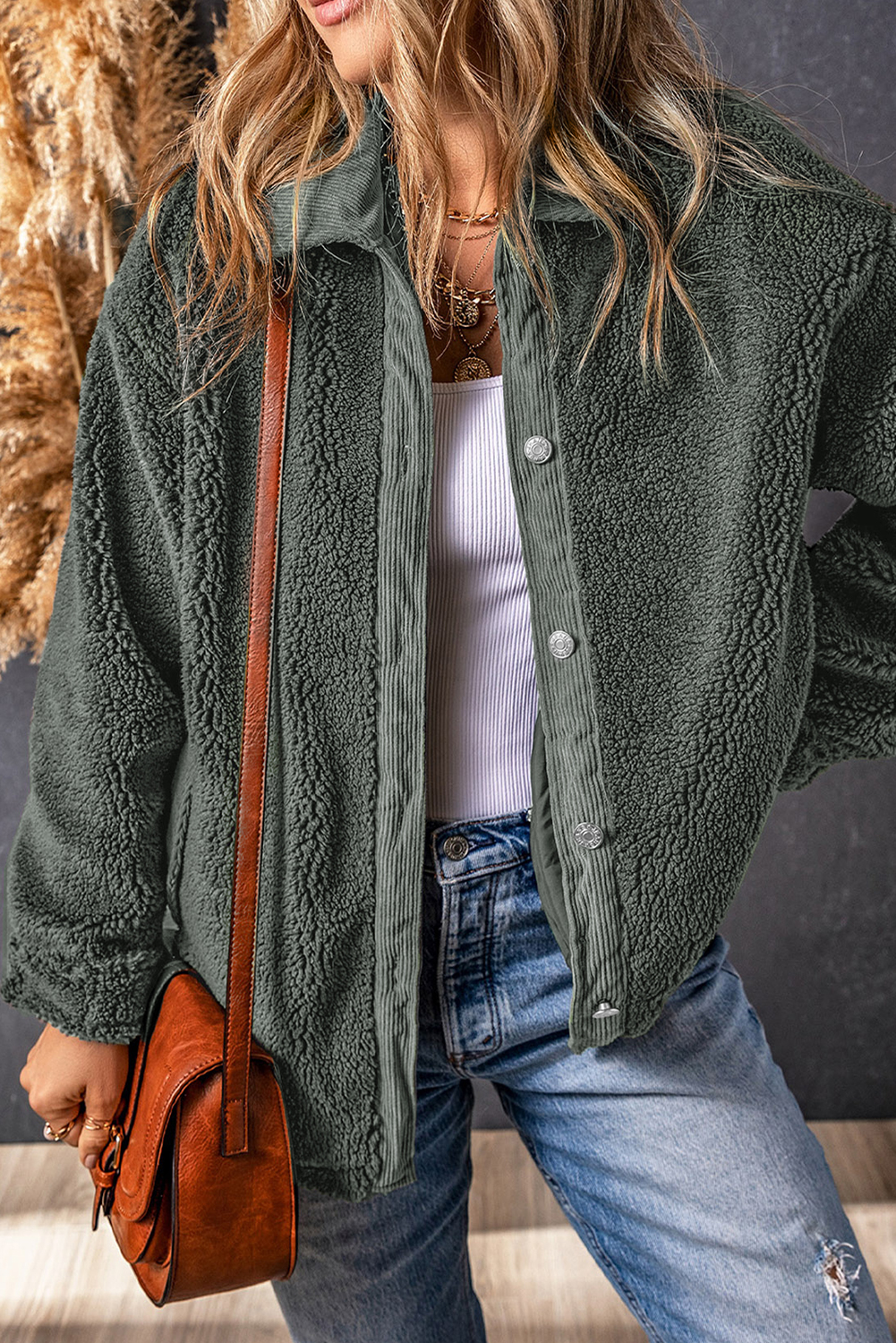 Gray Corduroy Trim Elbow Patch Sherpa Jacket - loveforevers