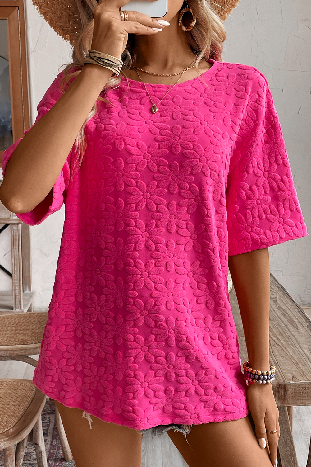 Rose Red Daisy Flower Jacquard Half Sleeve T Shirt - loveforevers