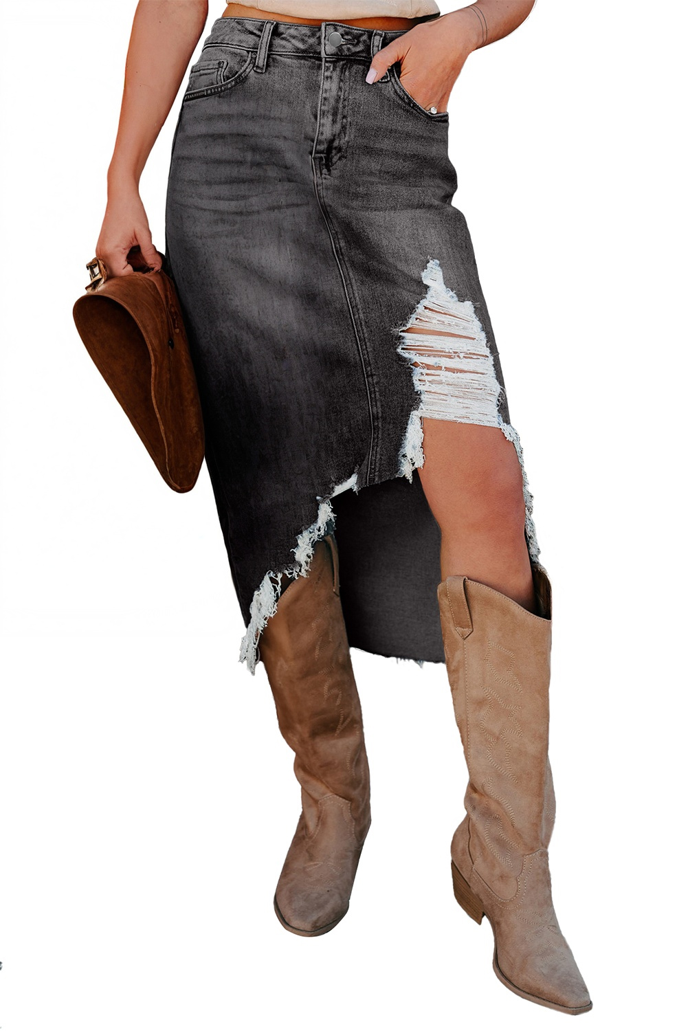 Sail Blue Dearlove Irregular Distressed Bottom Denim Midi Skirt - loveforevers