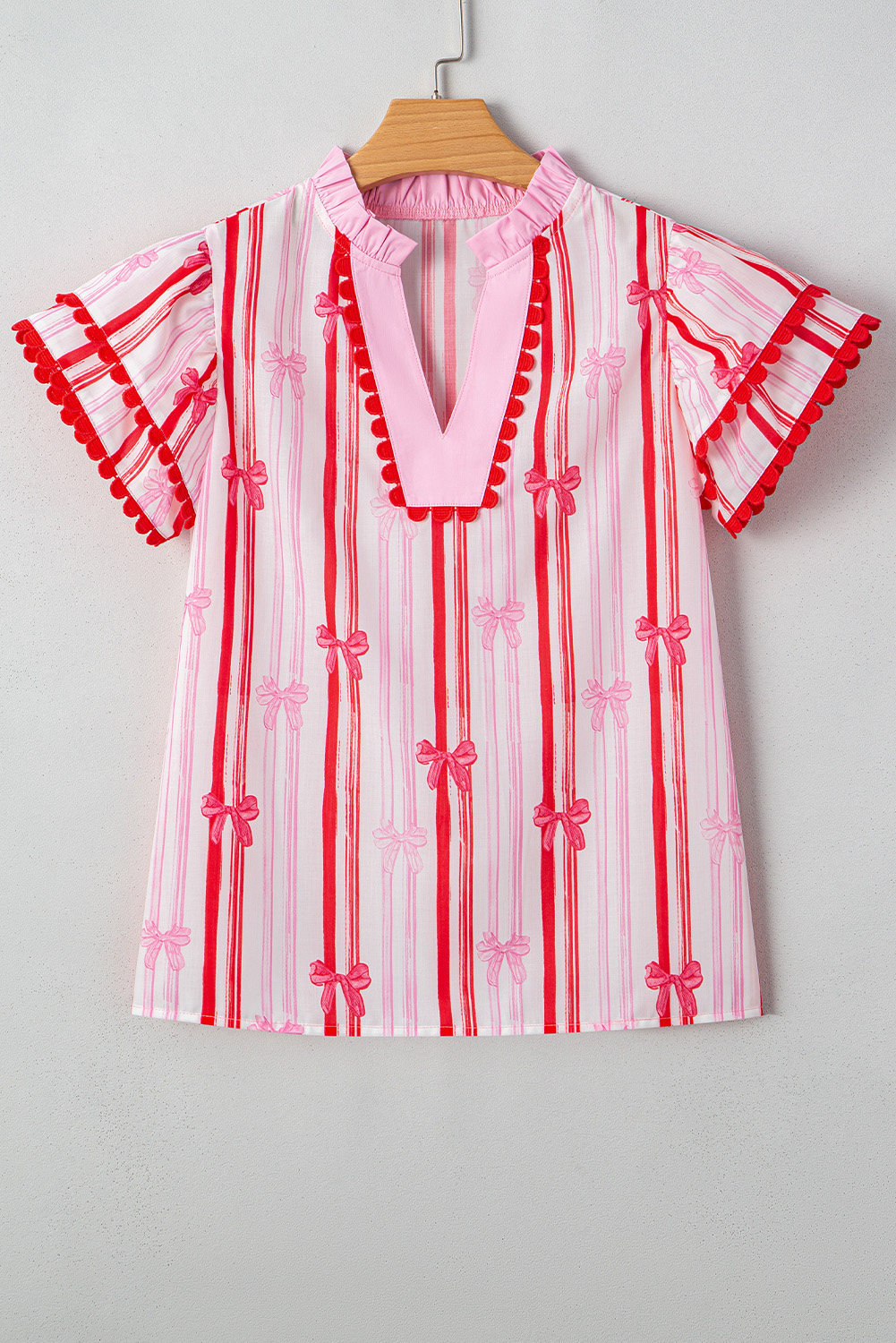 Pink Ric-rac Trim Ruffled Sleeve V Neck Bow Striped Printed Blouse - loveforevers