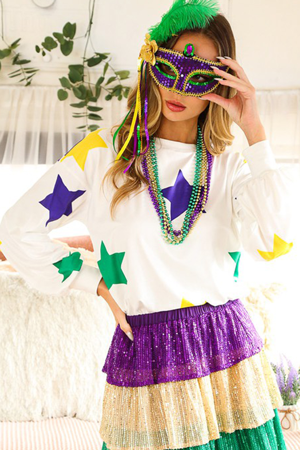 White Mardi Gras Star Printed Long Sleeve Top - loveforevers