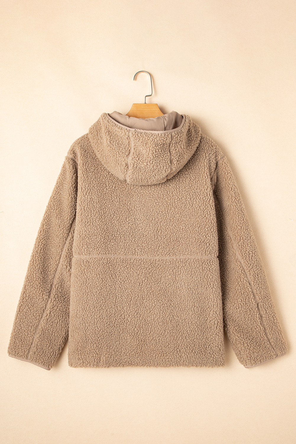 Pale Khaki Fleece Zip Up Drawstring Hooded Pocketed Jacket - loveforevers