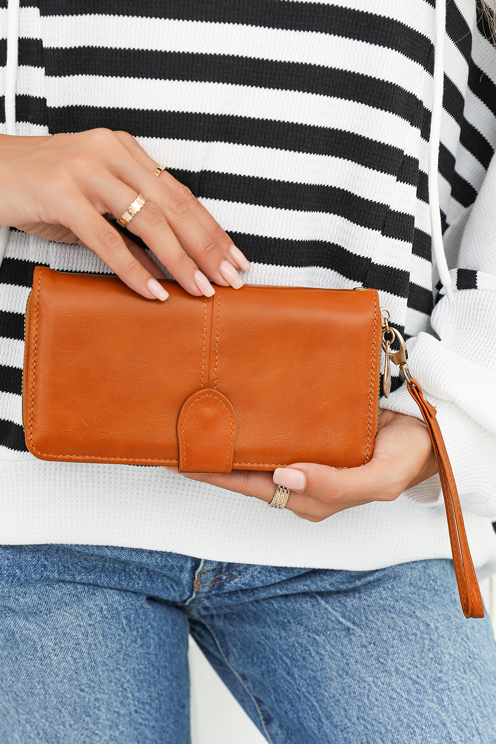 Cinnamon Faux Leather Zip Around Wrist Strap Long Wallet - loveforevers