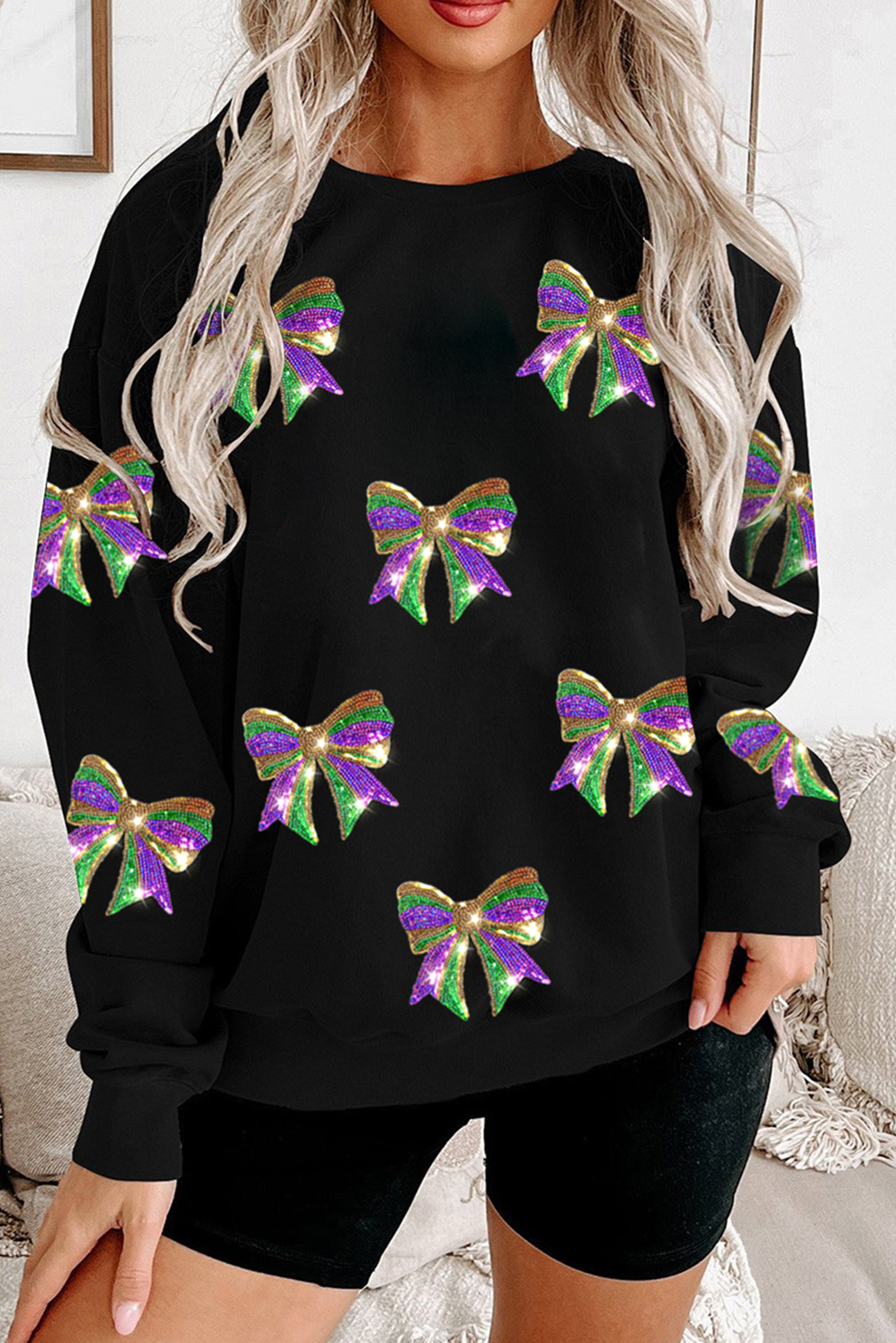 Black Sequin Mardi Gras Bow Graphic Drop Shoulder Pullover Sweatshirt - loveforevers