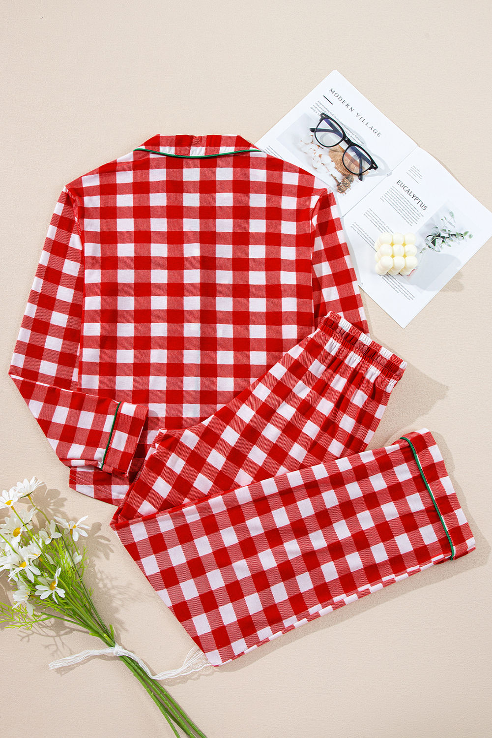 Fiery Red Christmas Plaid Print Shirt and Pants Pajama Set - loveforevers