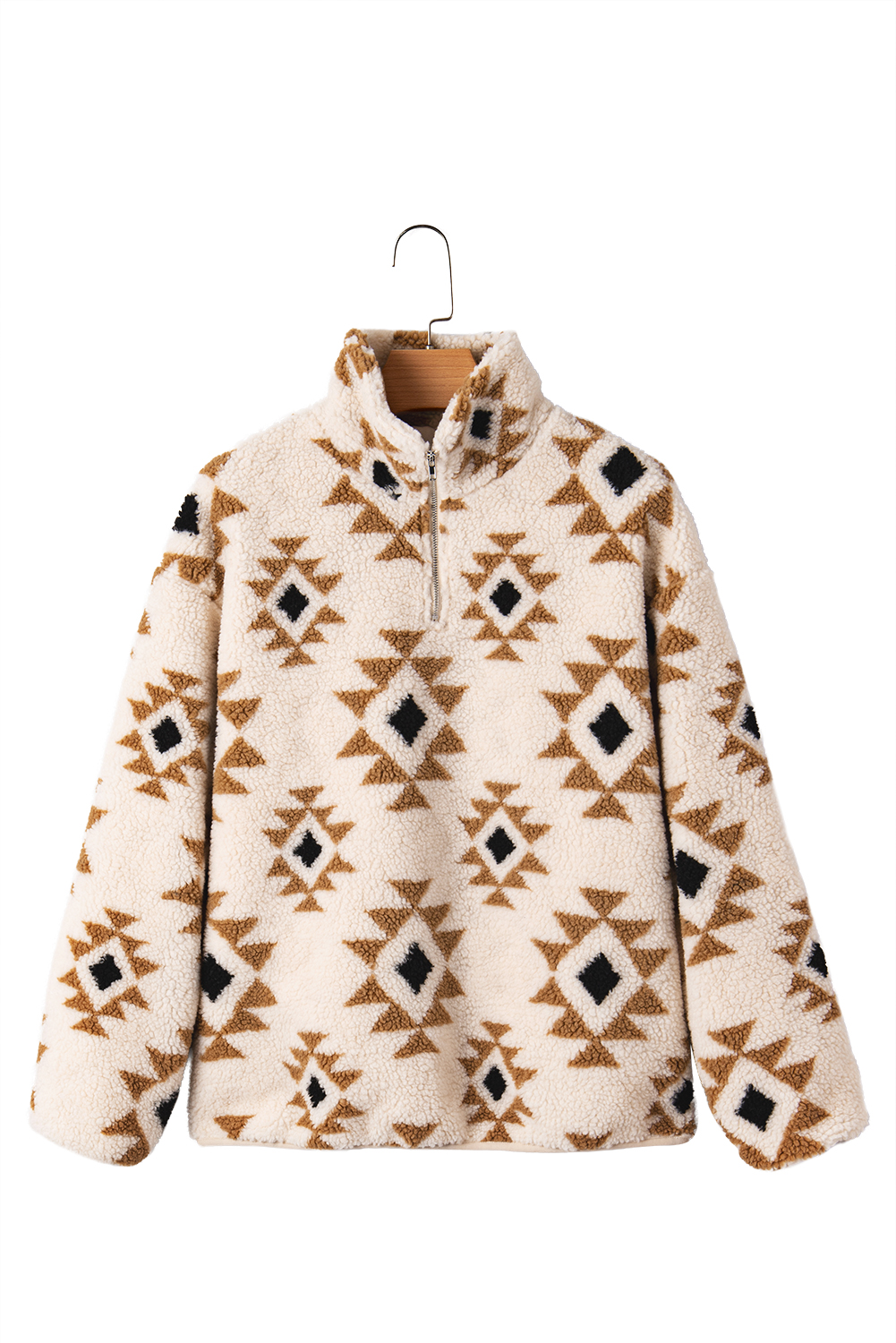 Khaki Aztec Print Sherpa Quarter Zip Collar Sweatshirt - loveforevers