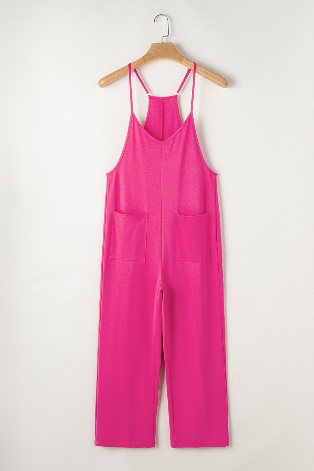 Rose Red Black Pocketed Adjustable Spaghetti Strap Straight Leg Jumpsuit - loveforevers