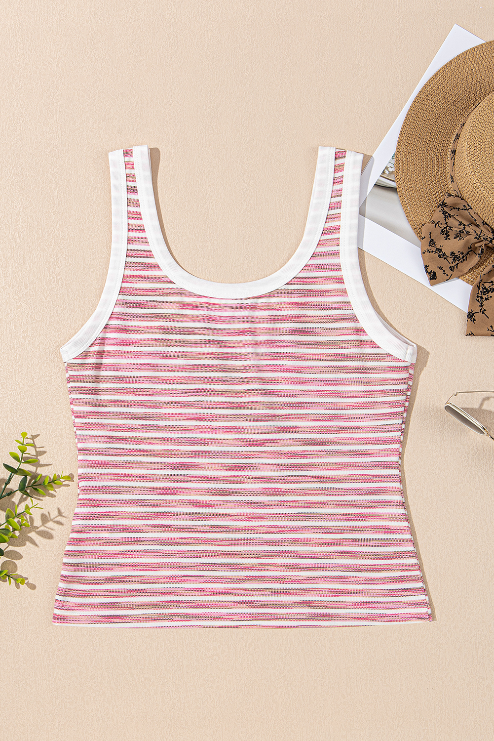 Pink Stripe Contrast Trim Yarn-dyeing Knit Tank Top - loveforevers