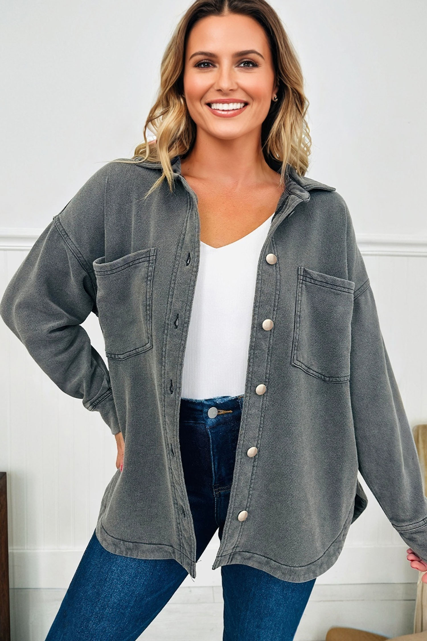 Medium Grey Mineral Wash Chest Pockets Drop Shoulder Shacket with Side Slit - loveforevers