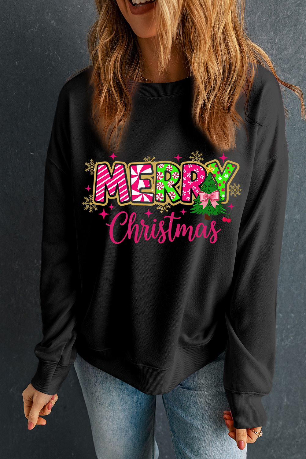 Black MERRY Christmas Playful Letter Print Drop Shoulder Sweatshirt - loveforevers