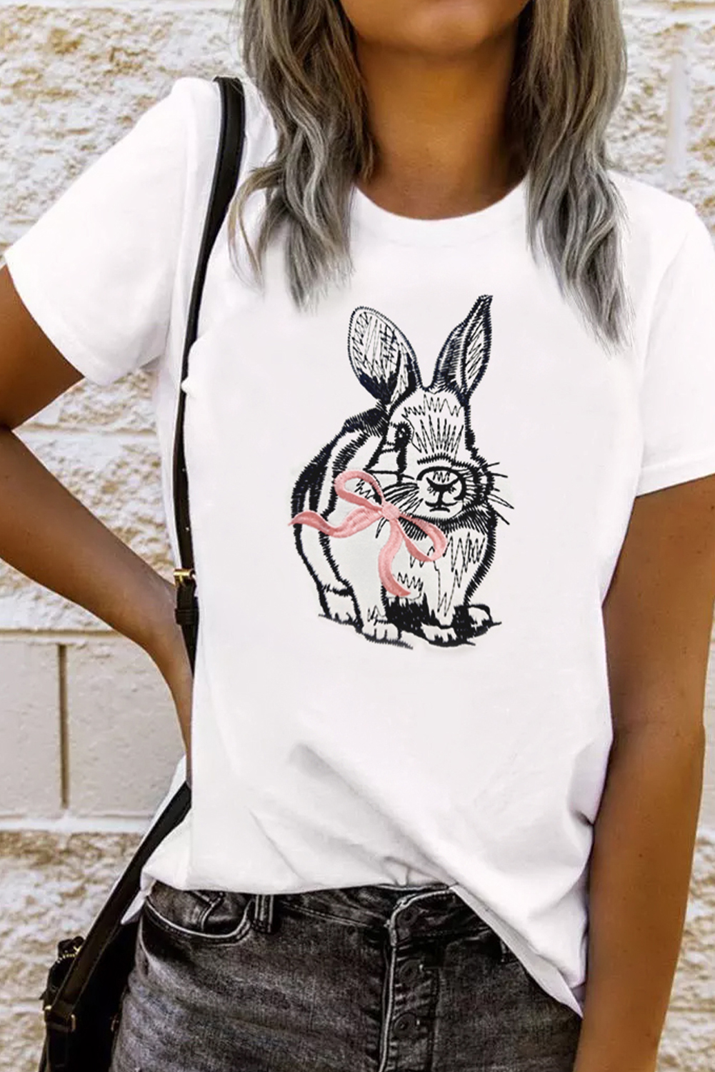 White Bunny Embroidered Bow Graphic Tee - loveforevers