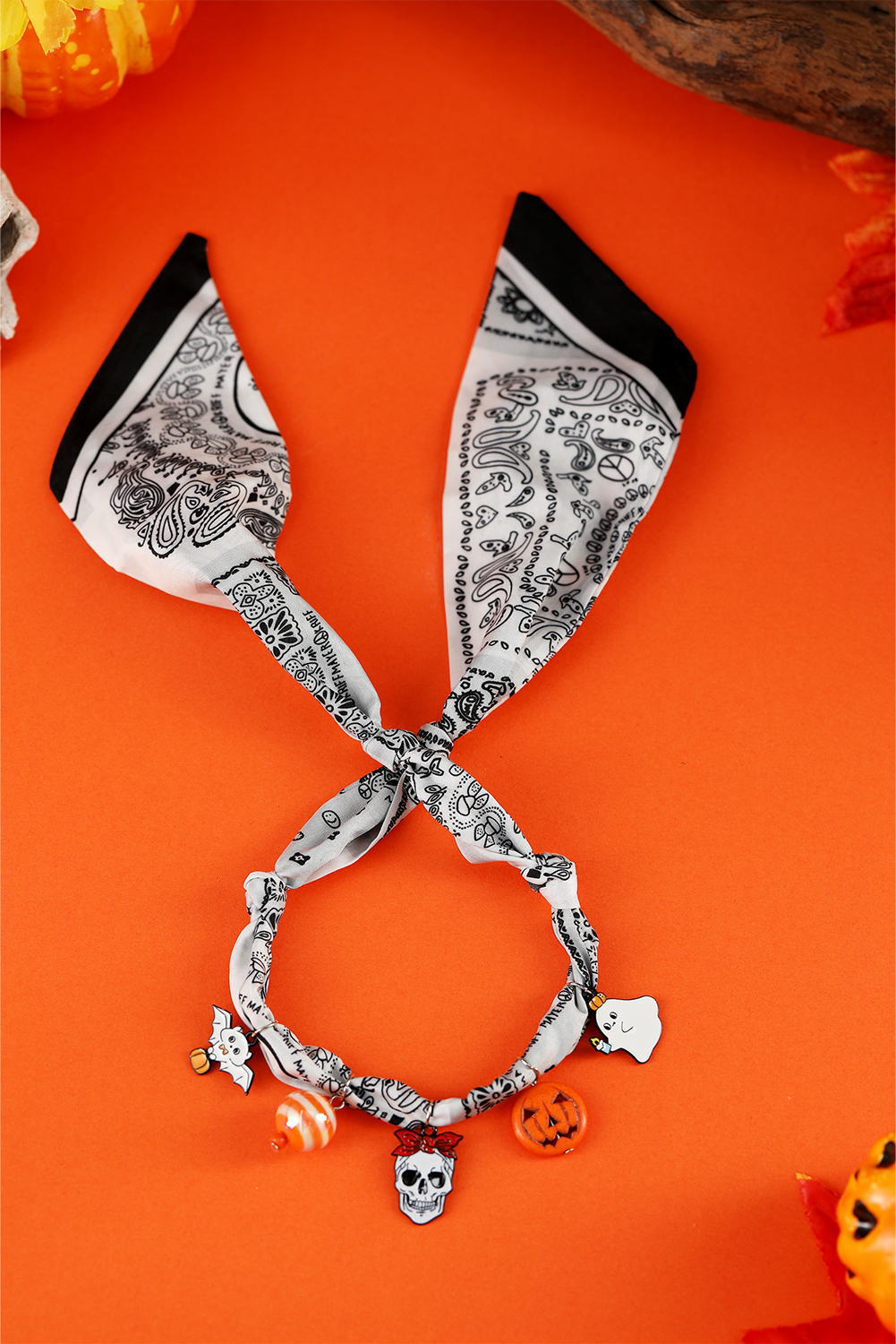 White Boho Printed Knot Scarf Halloween Pumpkin Ghost Charm Necklace - loveforevers