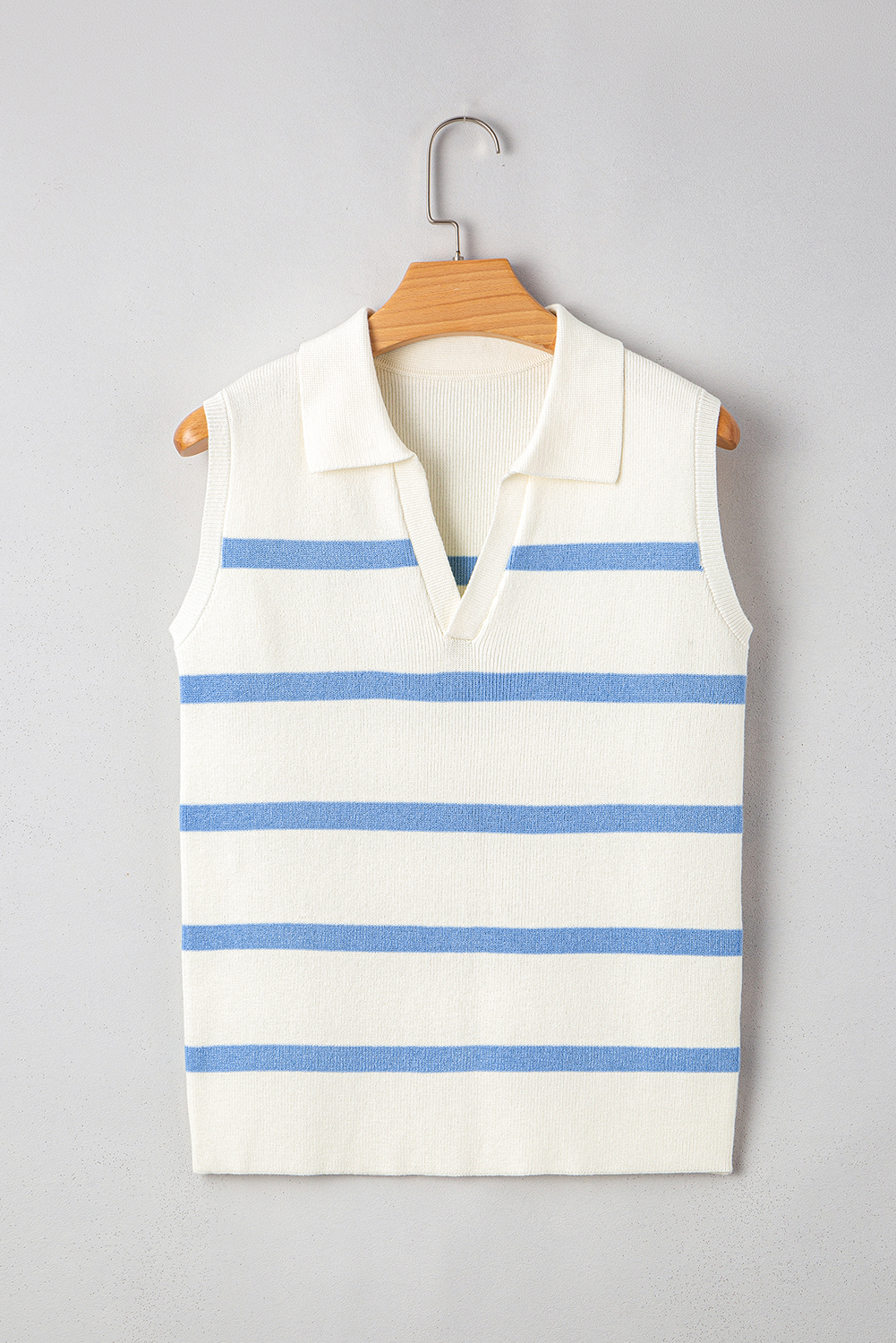 Sky Blue Stripe Split V Neck Collared Ribbed Sweater Vest - loveforevers