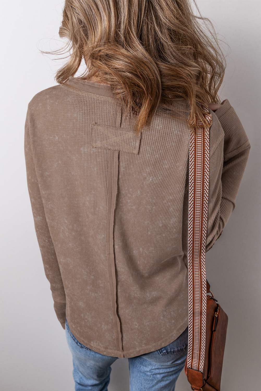 Smoke Green Acid Wash Waffle Knit Buttoned Neckline Long Sleeve Top - loveforevers