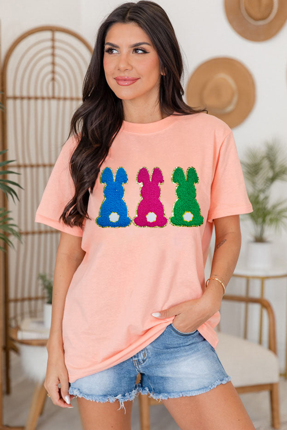Pink Easter Bunny Chenille Patched Graphic Tee - loveforevers