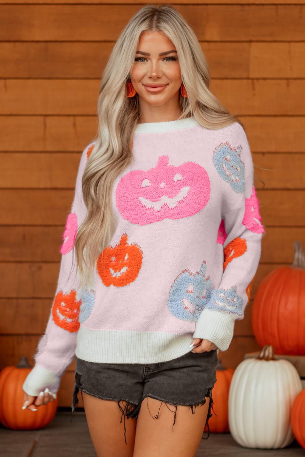 Beige Halloween Cute Pumpkin Pattern Sweater - loveforevers