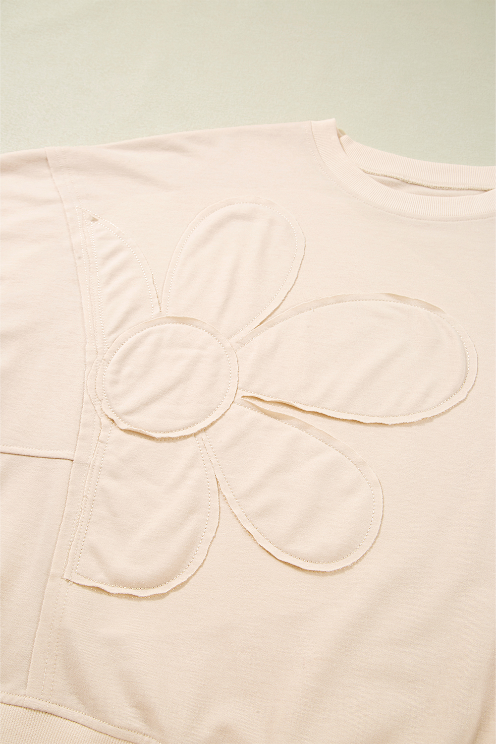 Beige Raw Edge Flower Patch Drop Shoulder Casual Top - loveforevers